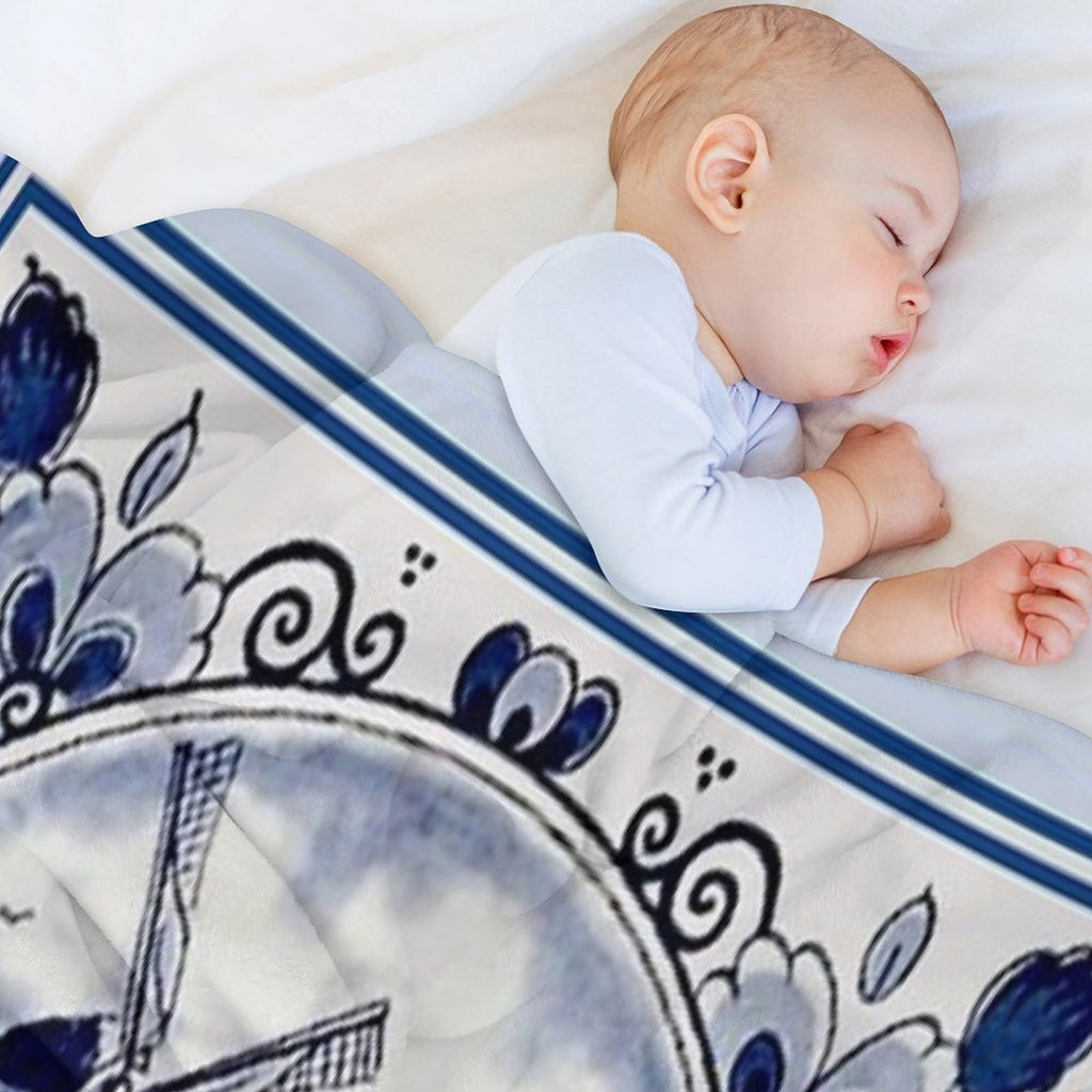 DUTCH BLUE DELFT Vintage Windmill Print Compact Throw Blanket