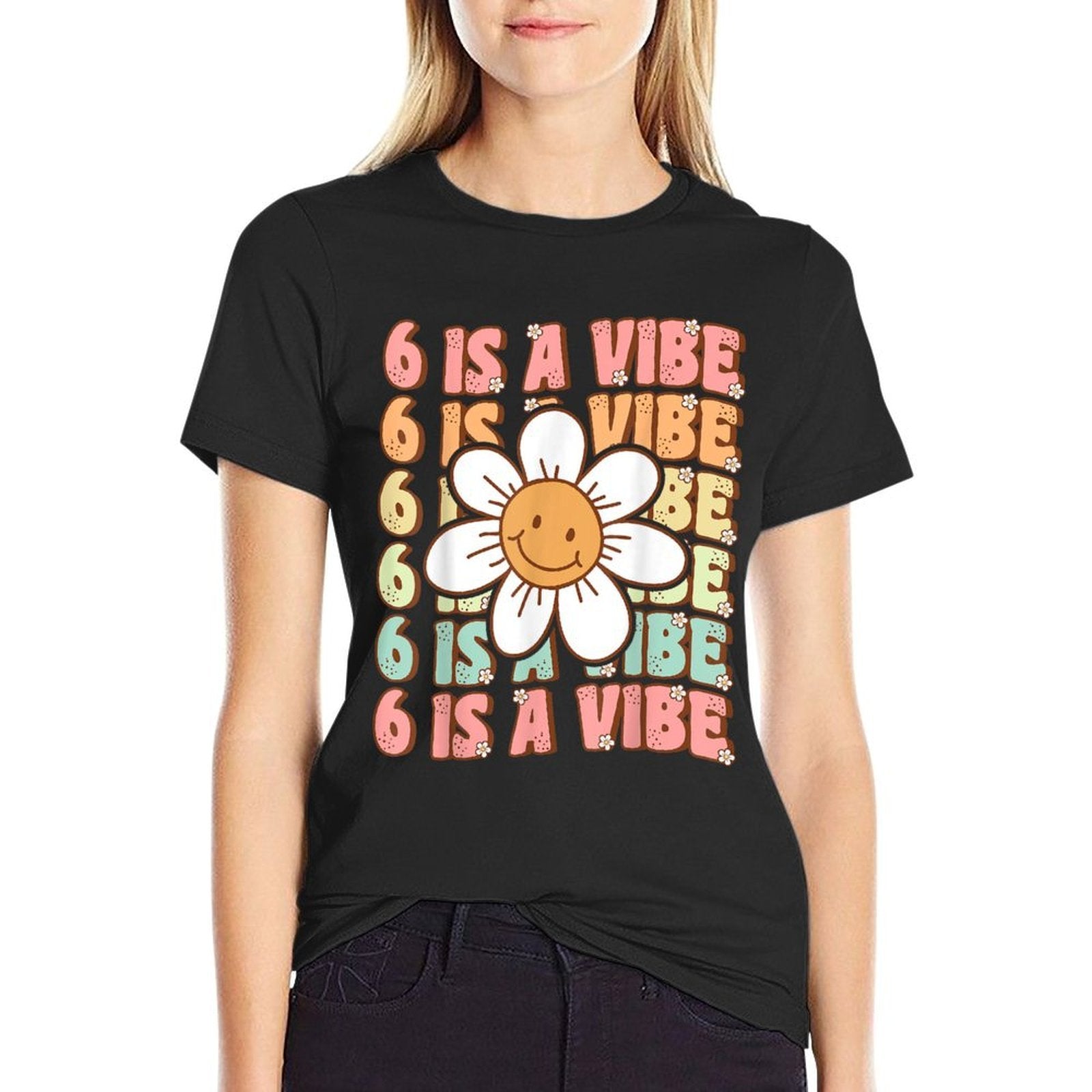 Six Is A Vibe Cute Groovy 6th Birthday Party Daisy Flower  Heathered Texture T-Shirt