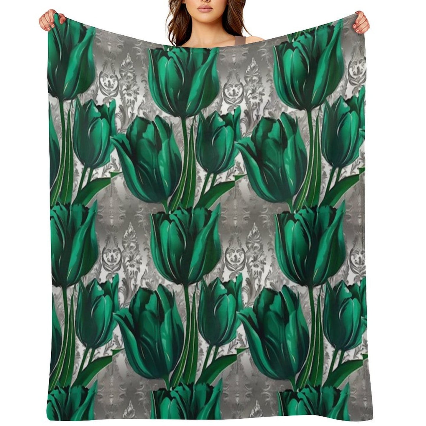 Emerald Green Tulips with Silver Baroque Machine-washable Throw Blanket