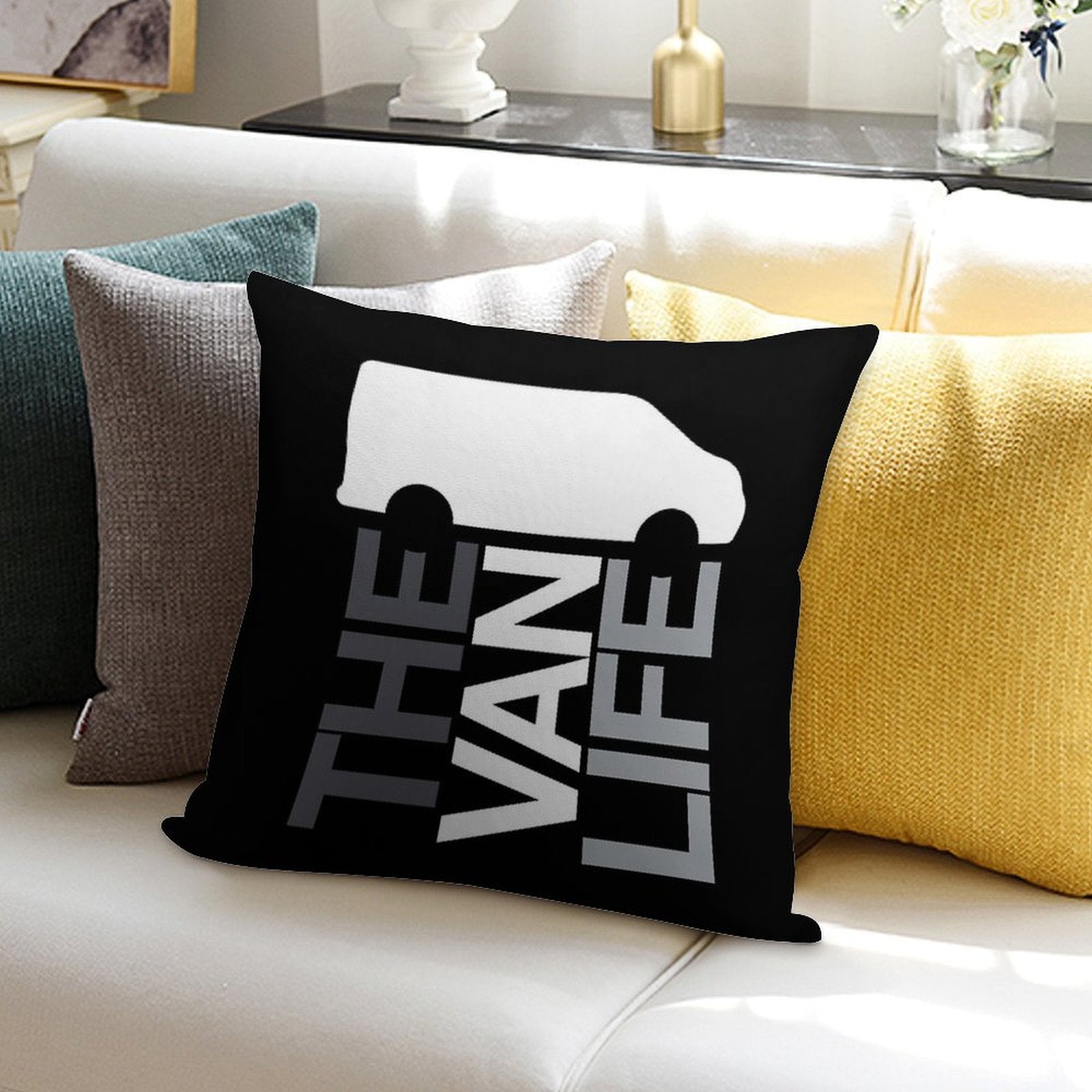 The Van Life Logo  Greyscale Soft Shrink-Resistant Throw Pillow