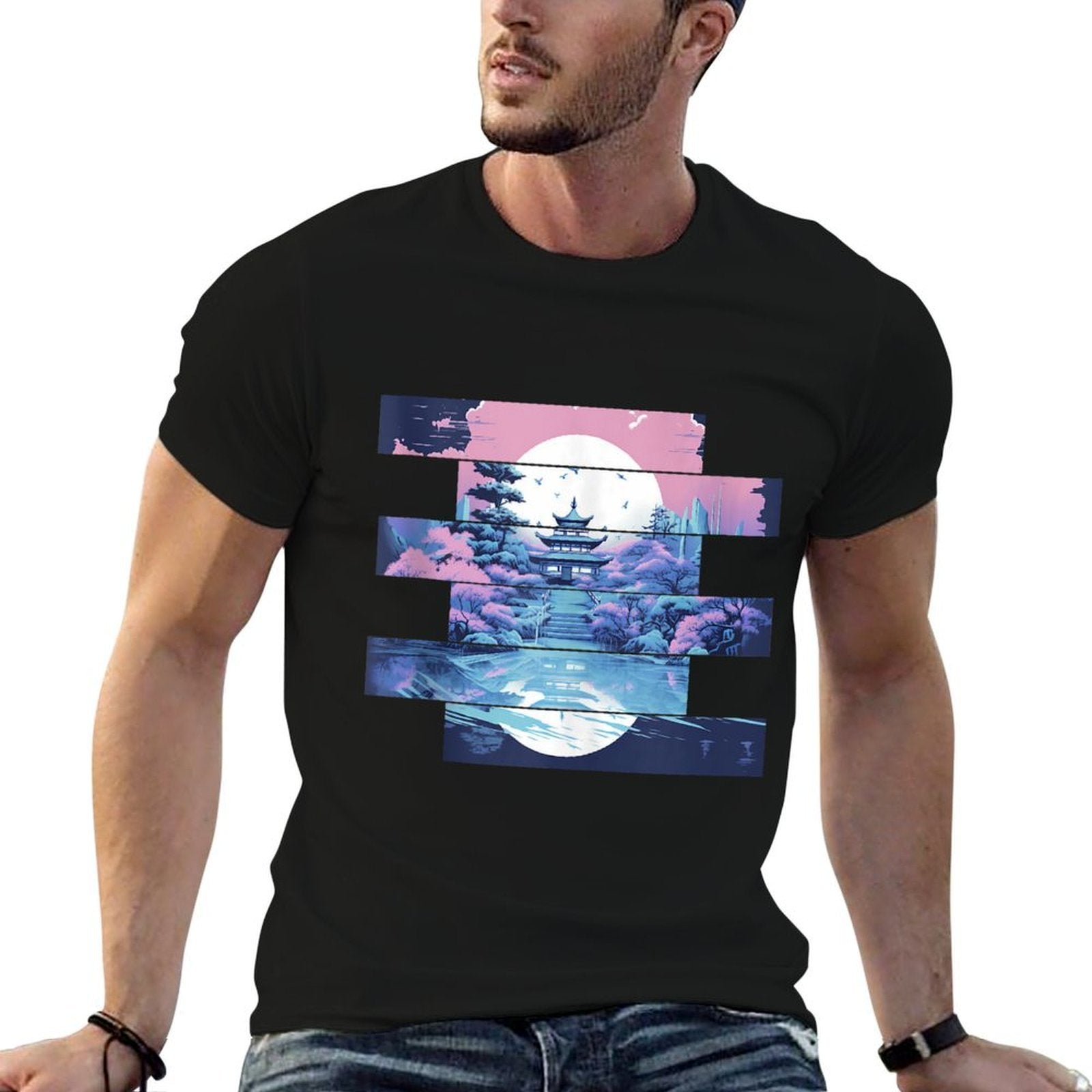 Serenity in Stripes Tranquil Temple at Twilight  Tagless Design T-Shirt