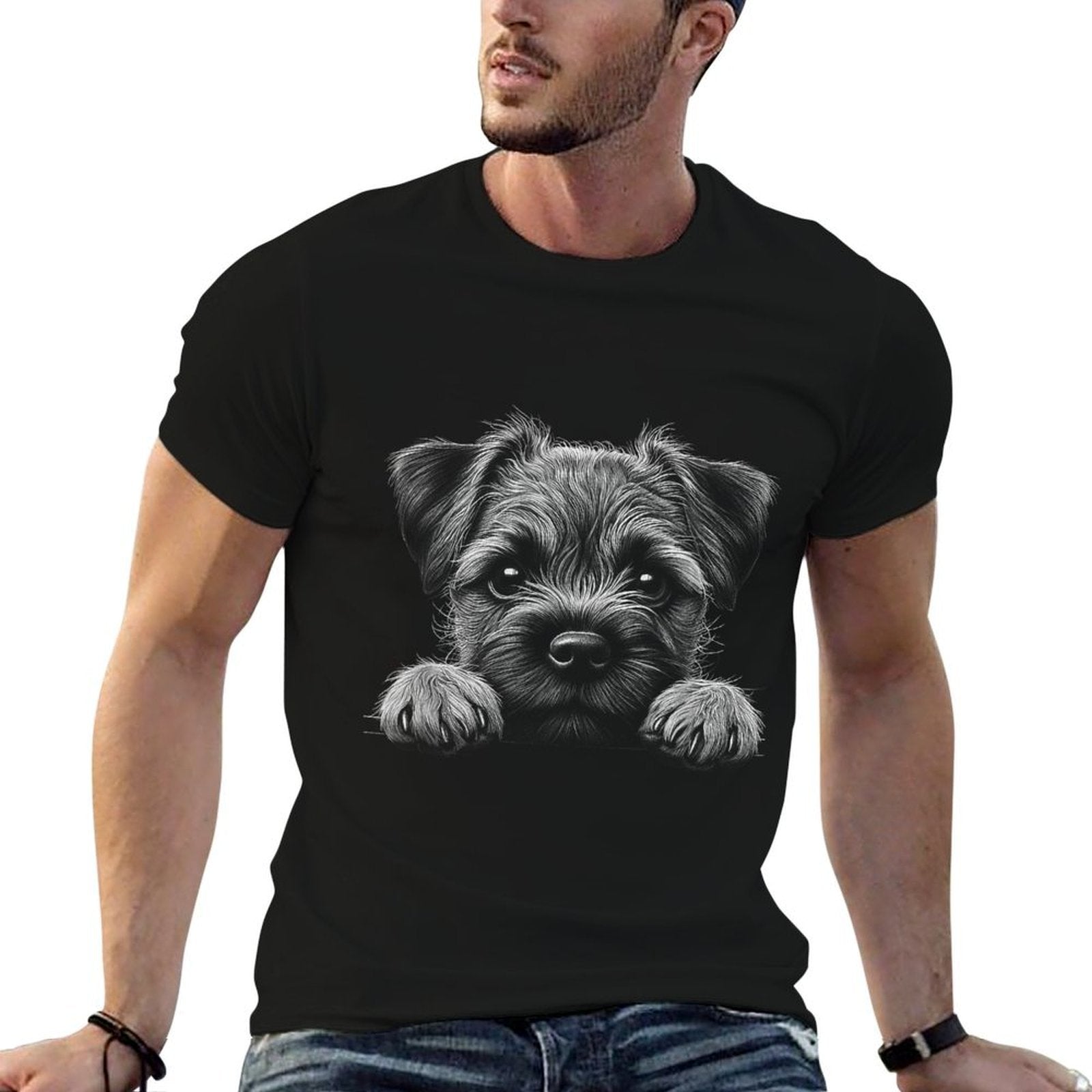 Border Terrier Dog Peeking Art Design  Affordable Price T-Shirt