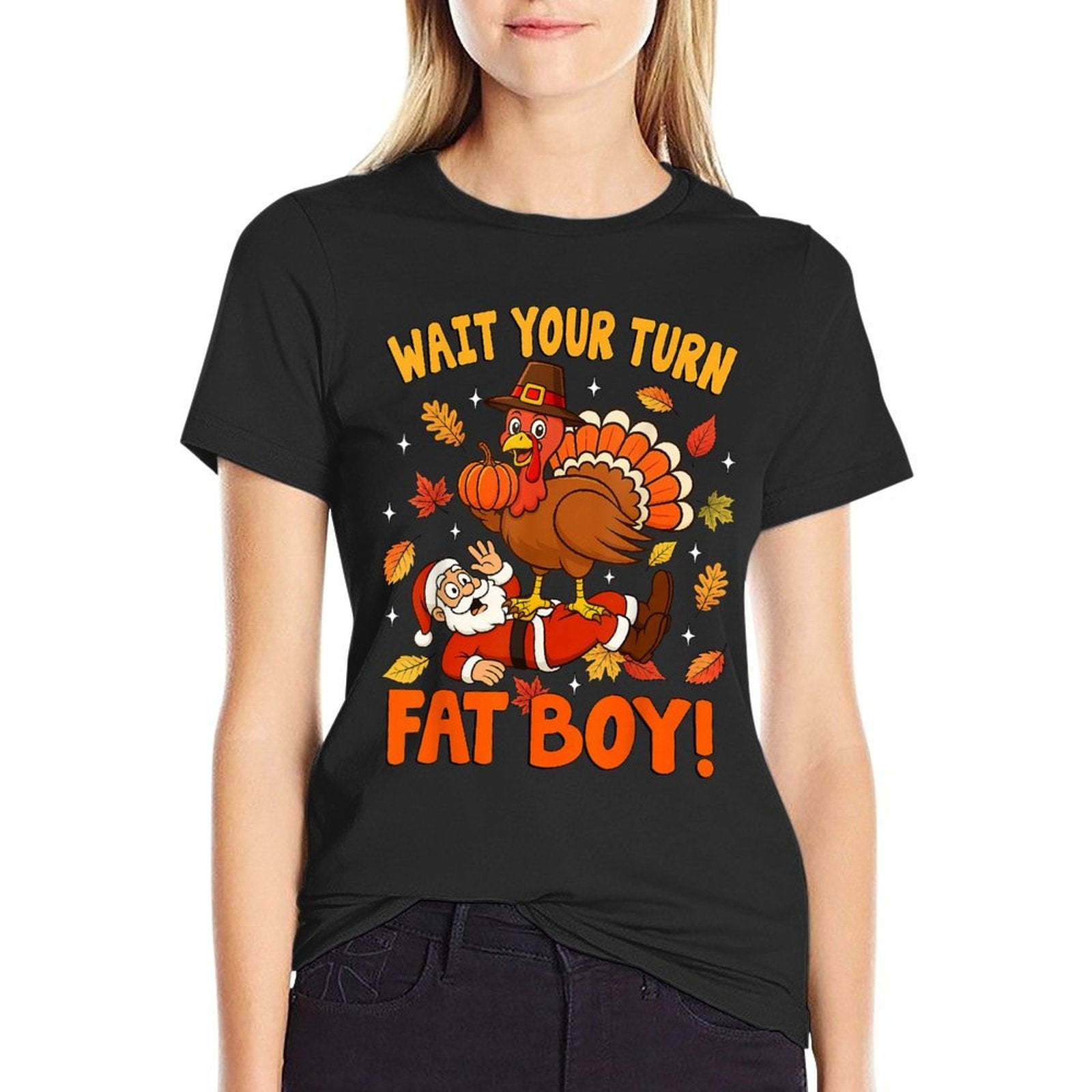 Wait Your Turn Funny Thanksgiving Day Turkey Santa Christmas  Polyester Blend T-Shirt