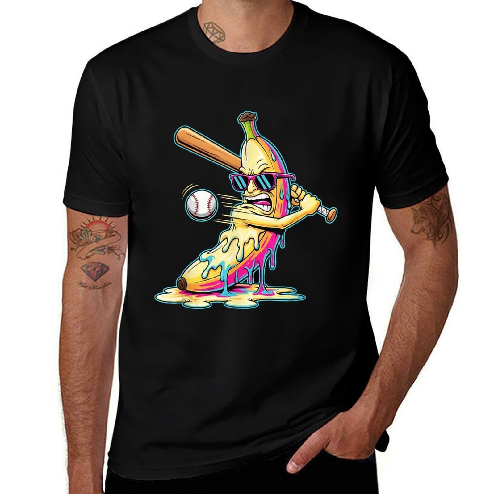 Funny Banana Swinging Baseball Funny Drip Artwork Art  Tagless Design T-Shirt