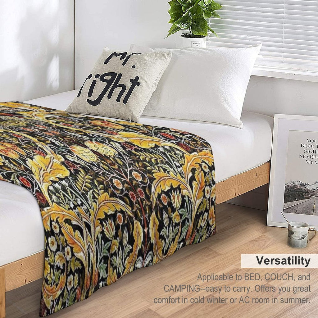 OWL ON ACANTHUS LEAVES AND FLOWERS Yellow Brown Floral Premium Throw Blanket