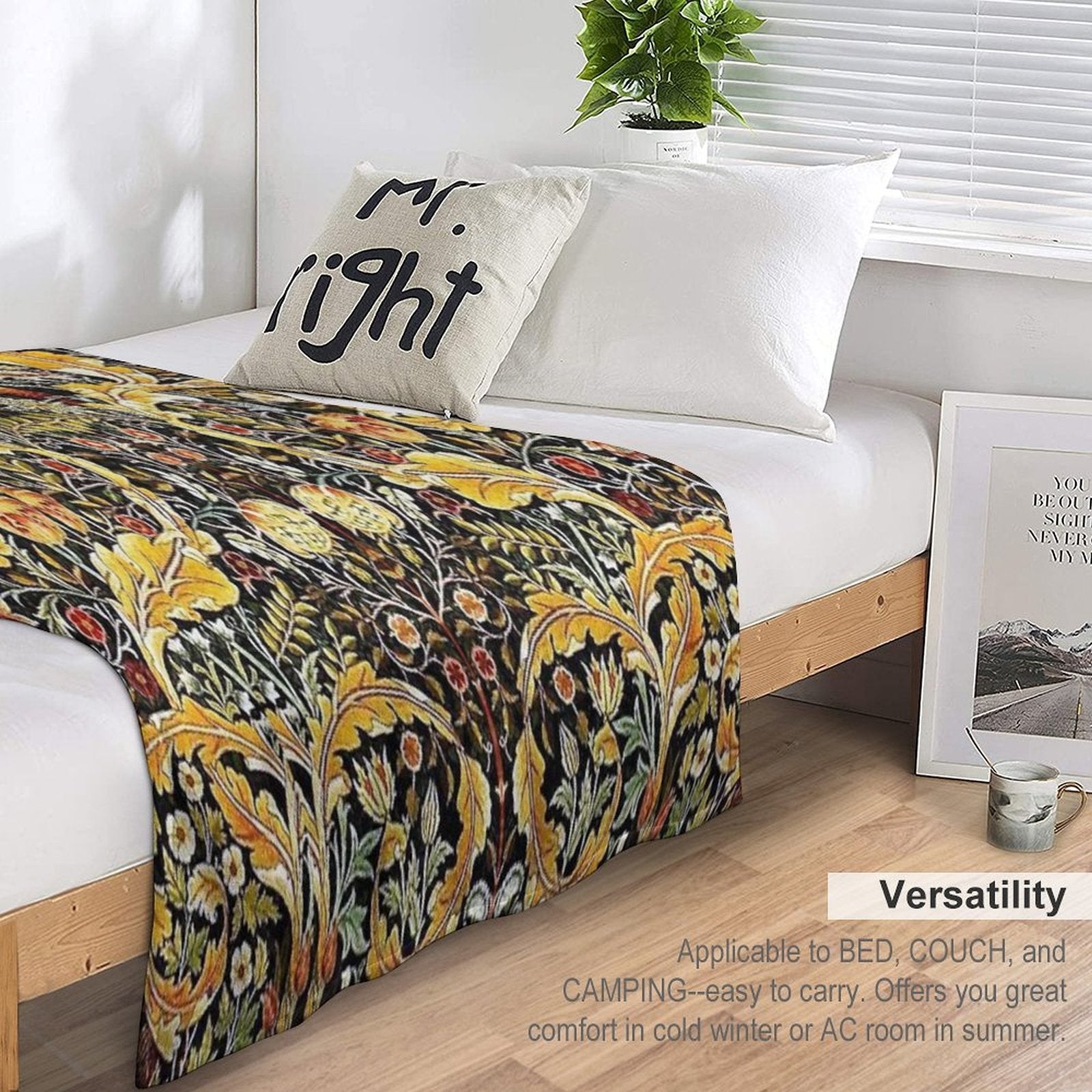 OWL ON ACANTHUS LEAVES AND FLOWERS Yellow Brown Floral Premium Throw Blanket