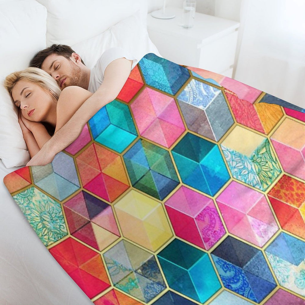 Crystal Bohemian Honeycomb Cubes - Colorful Hexagon Pattern Gift-ready Throw Blanket
