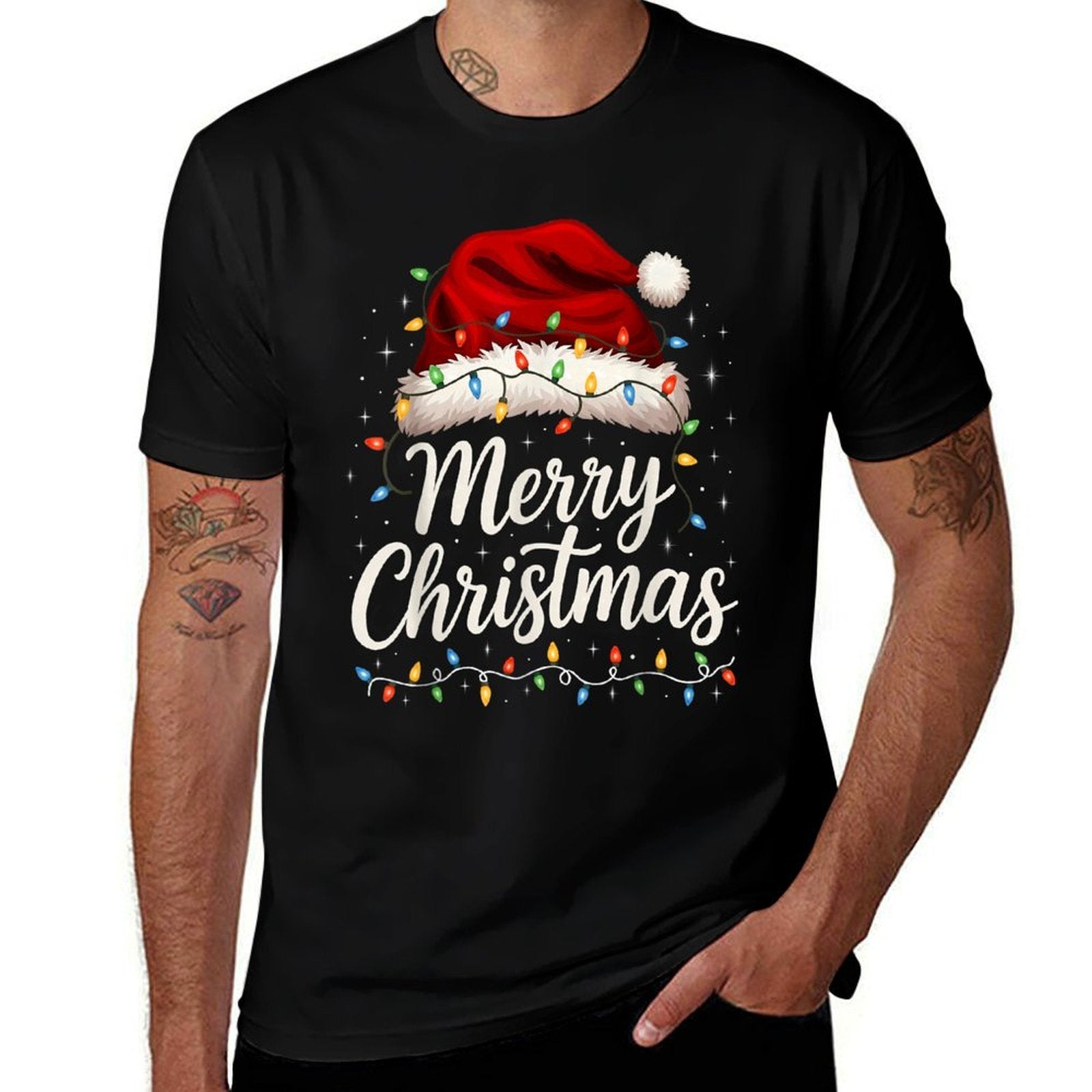 Merry Christmas Lights Red Santa Hat Xmas Family Men Women  Cotton T-Shirt
