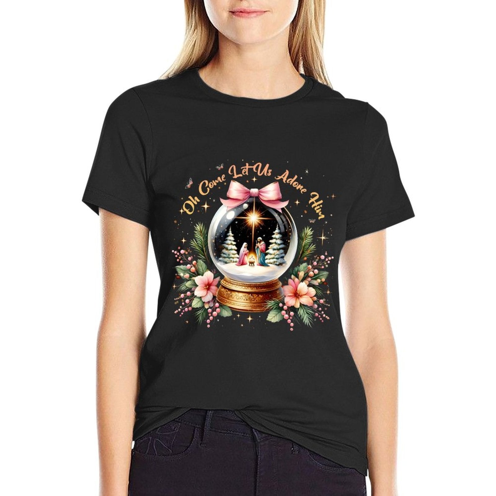 Oh Come Let Us Adore Him Christmas Nativity Scene Snow Globe  Graphic-printed T-Shirt