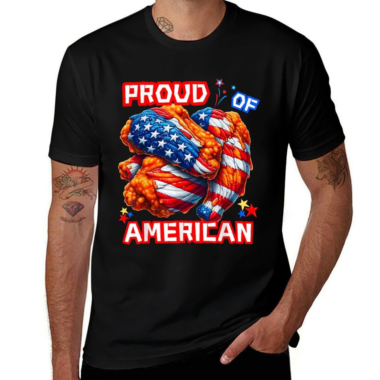 Proud of American Buffalo Wings Food Lover Funny 4th July US  Rolled Sleeves T-Shirt
