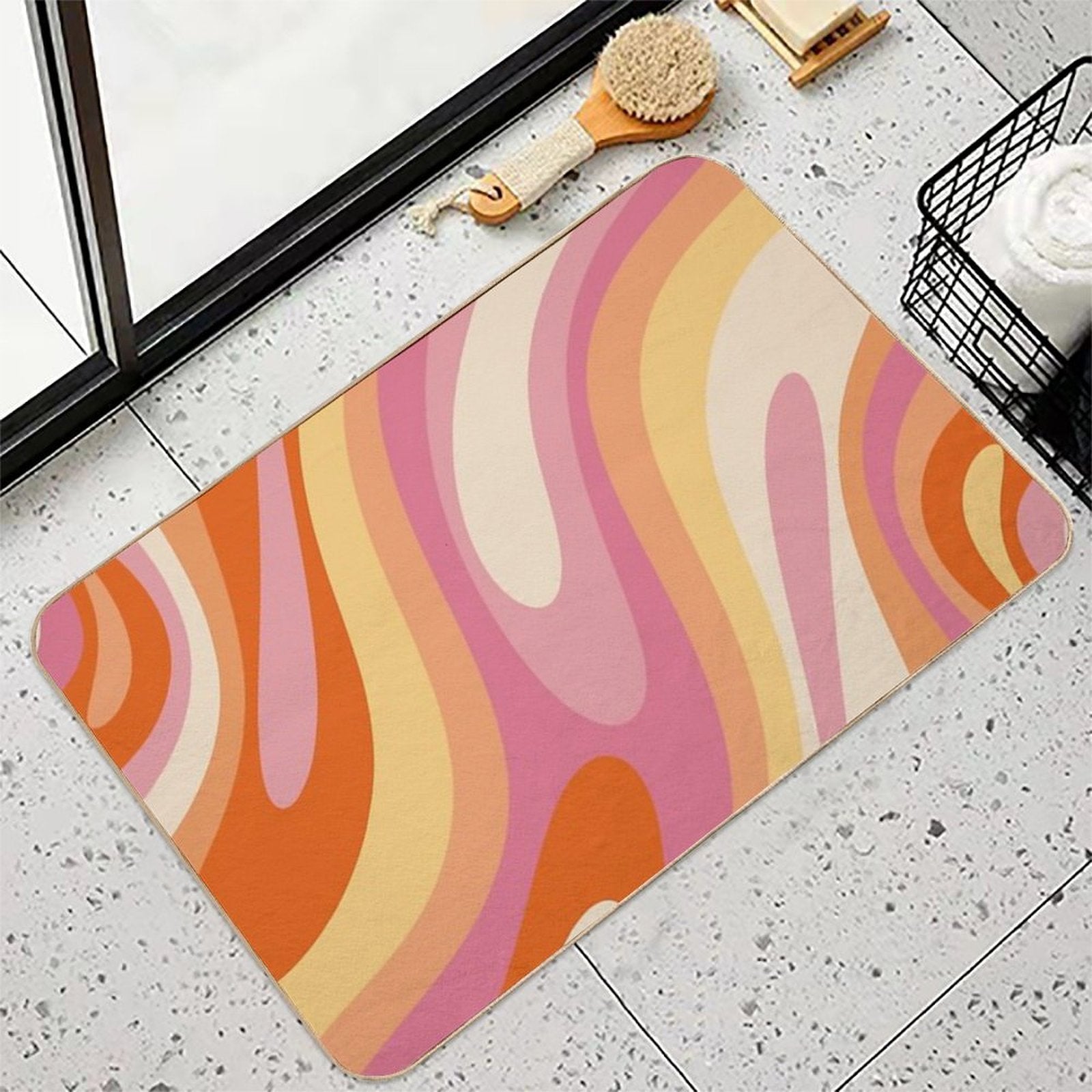 Wavy Loops Retro Abstract Pattern in Retro Orange Yellow Thulian Pink Cream  Easy To Clean Bath Mat