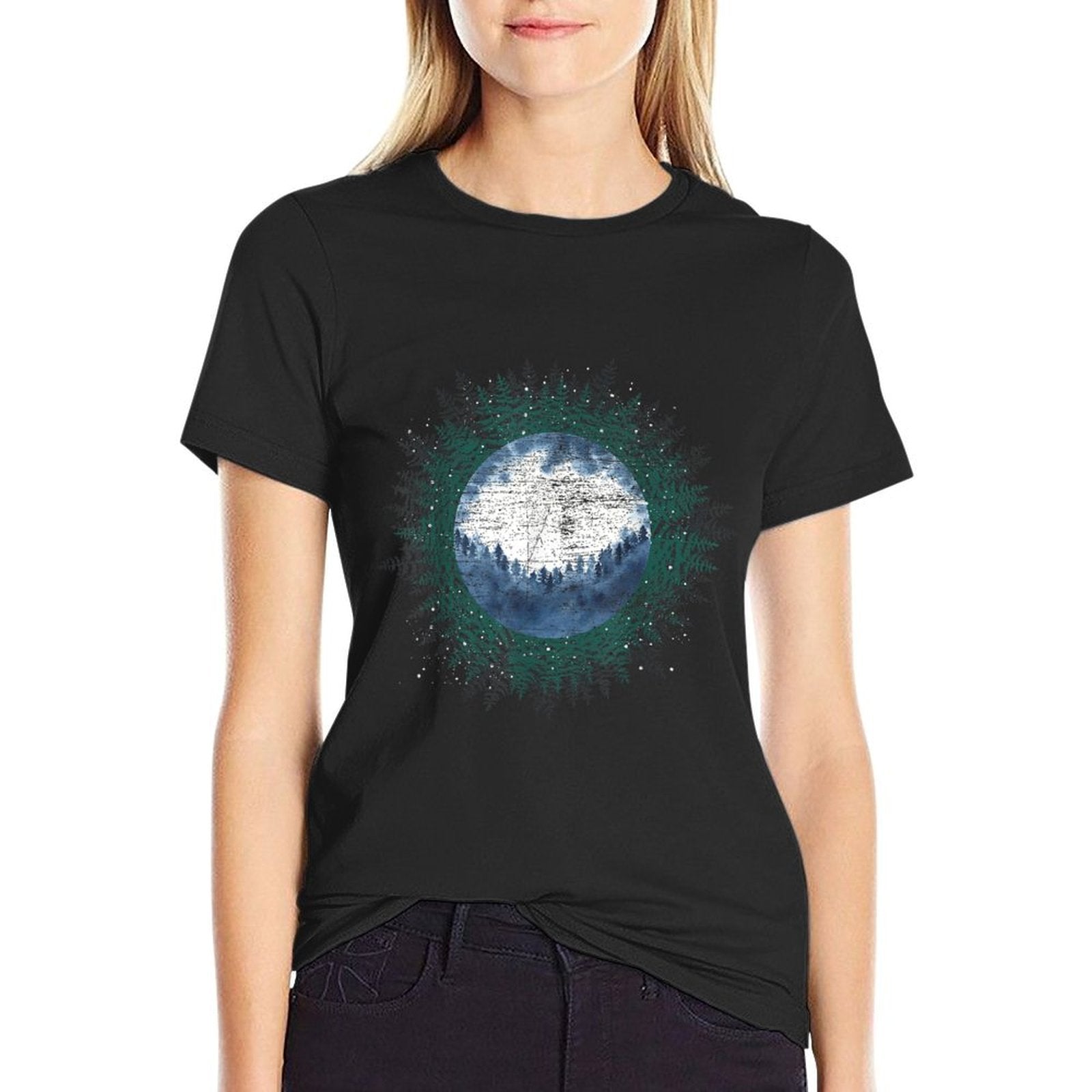 Moonlight Outdoor Wild Trees Wildlife Forest Moon Nature  Rolled Sleeves T-Shirt