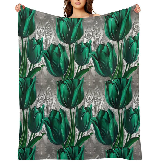 Emerald Green Tulips with Silver Baroque Machine-washable Throw Blanket