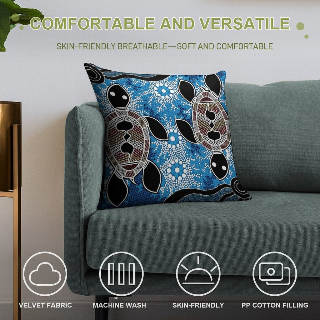 Authentic Aboriginal Art  - Sea Turtles Soft Short Plush Fabric Throw Pillow