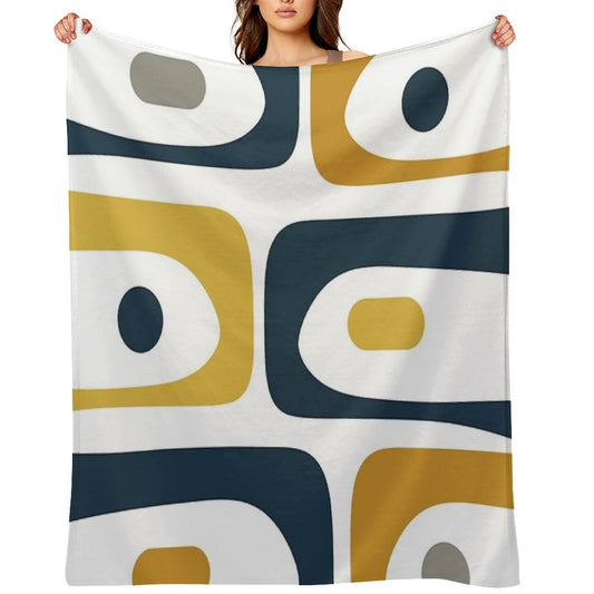 Mid Century Modern Piquet Abstract Minimalist Pattern in Navy Blue, Light And Dark Mustard, Grey, And White Lightweight Throw Blanket