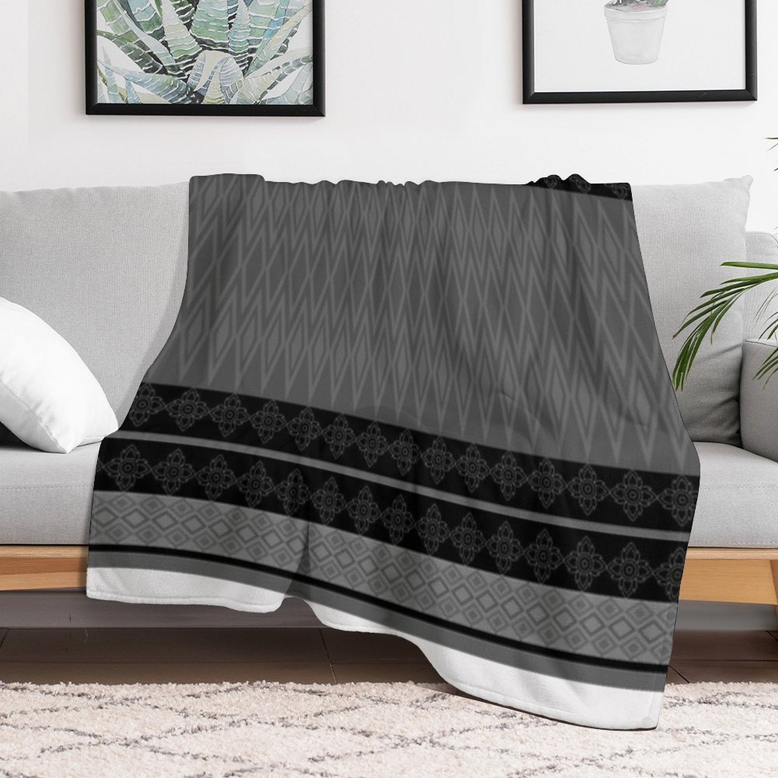 Geometric Ethnic Pattern Oriental in Black And Gray Lightweight Throw Blanket