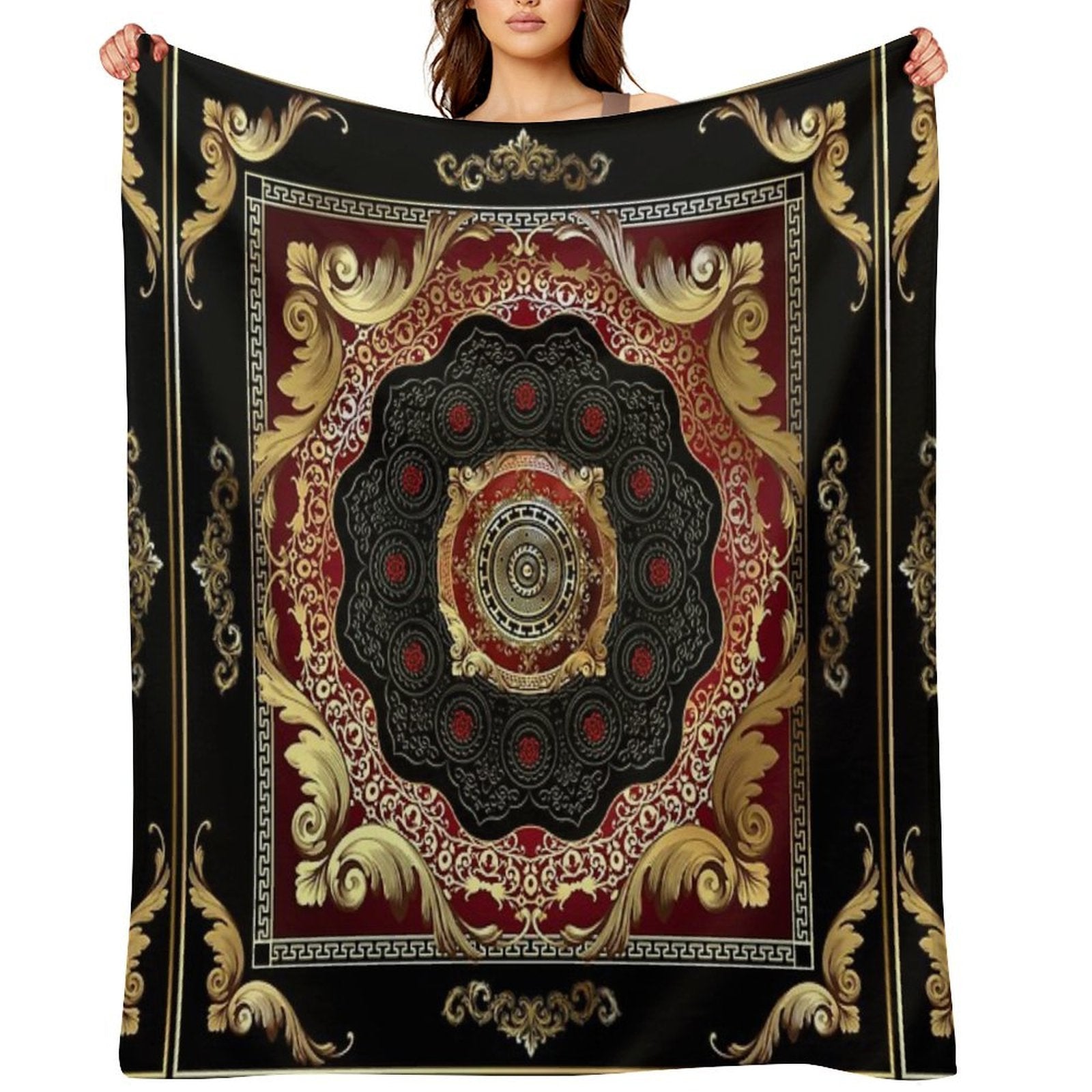 Ornate Baroque Filigree Red Black Gold Greek Key Meander Easy Care Throw Blanket