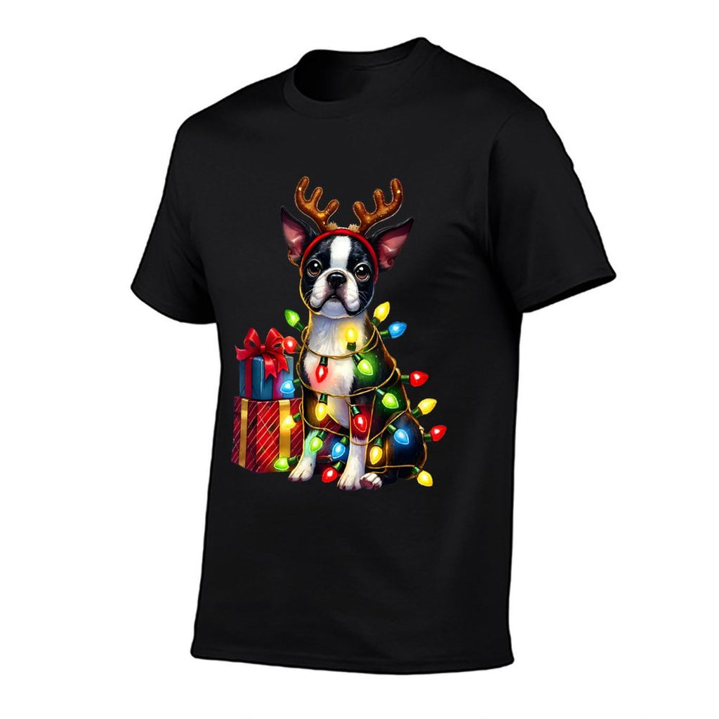Pet Animal Boston Terrier Dog Reindeer Antlers Christmas for Men Women Kids  Quick-drying T-Shirt