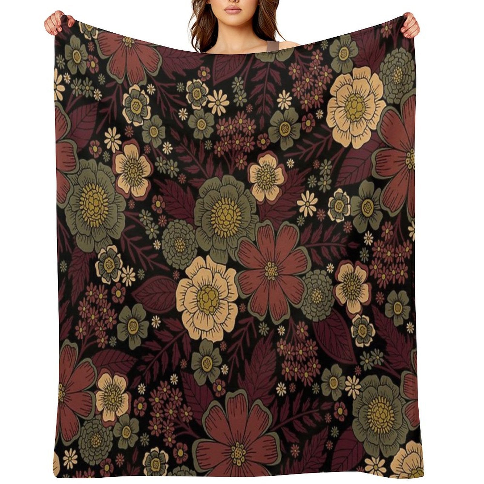 Classy Burgundy, Cream & Sage Green Floral Pattern Easy Care Throw Blanket