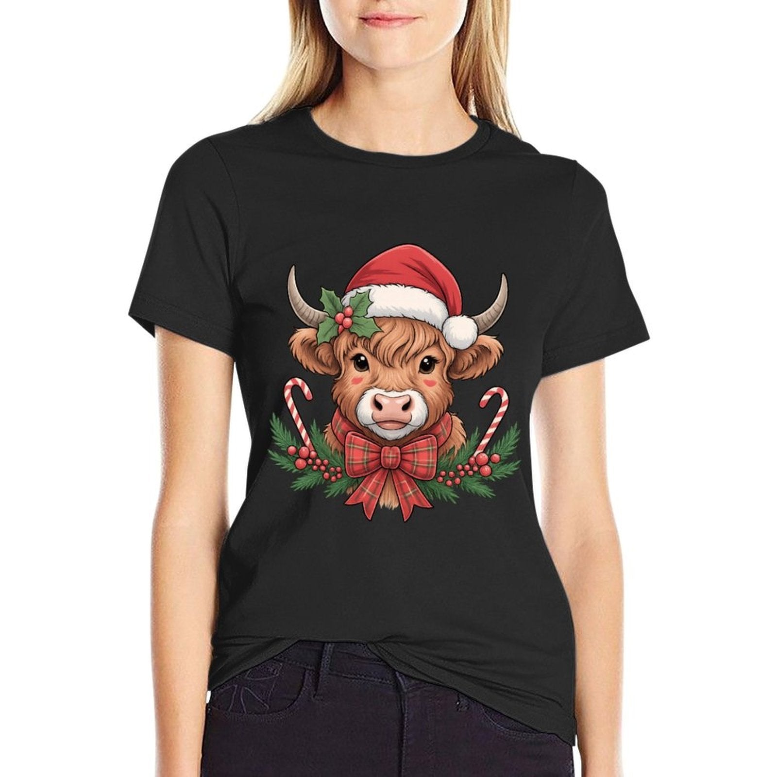 Cute Christmas Highland Cow Mooey Xmas Heifer Santa Hat  Durable T-Shirt