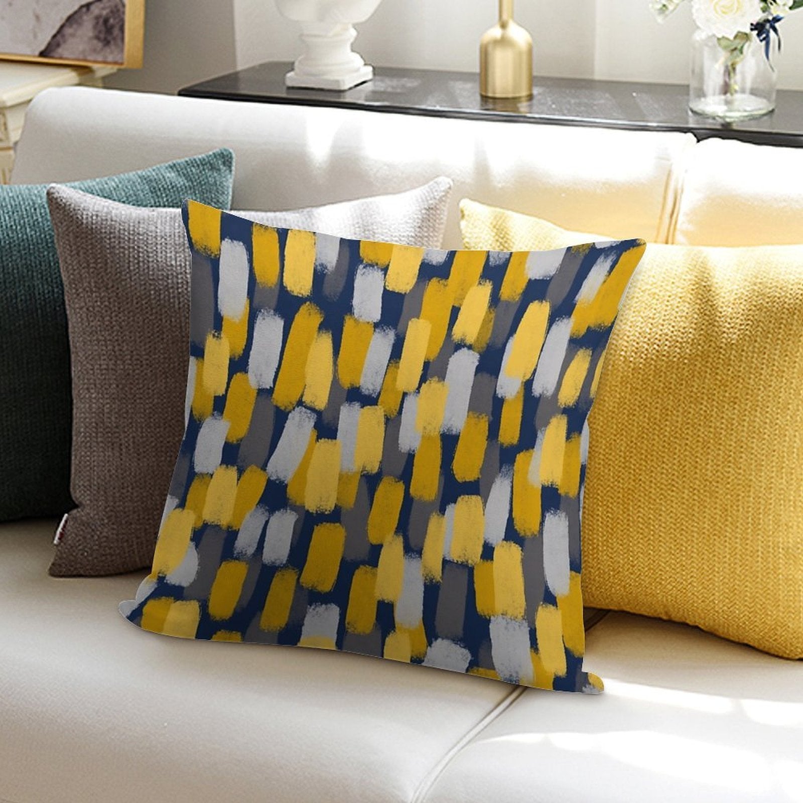 Abstract Grey And Mustard Yellow Paint Brush Effect on Navy Blue Soft Washable Throw Pillow