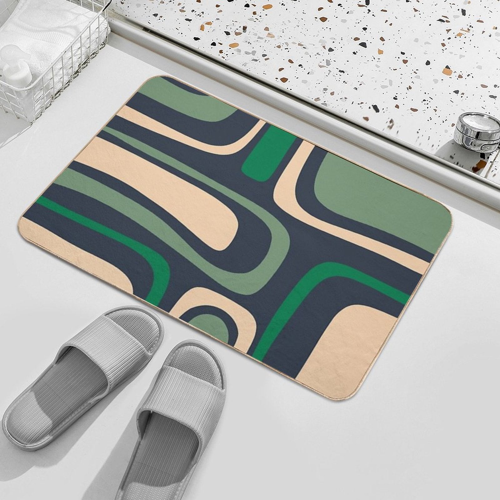 Palm Springs Retro Mid Century Modern Abstract Pattern Dark Blue, Green, And Beige  Stain-Proof Bath Mat