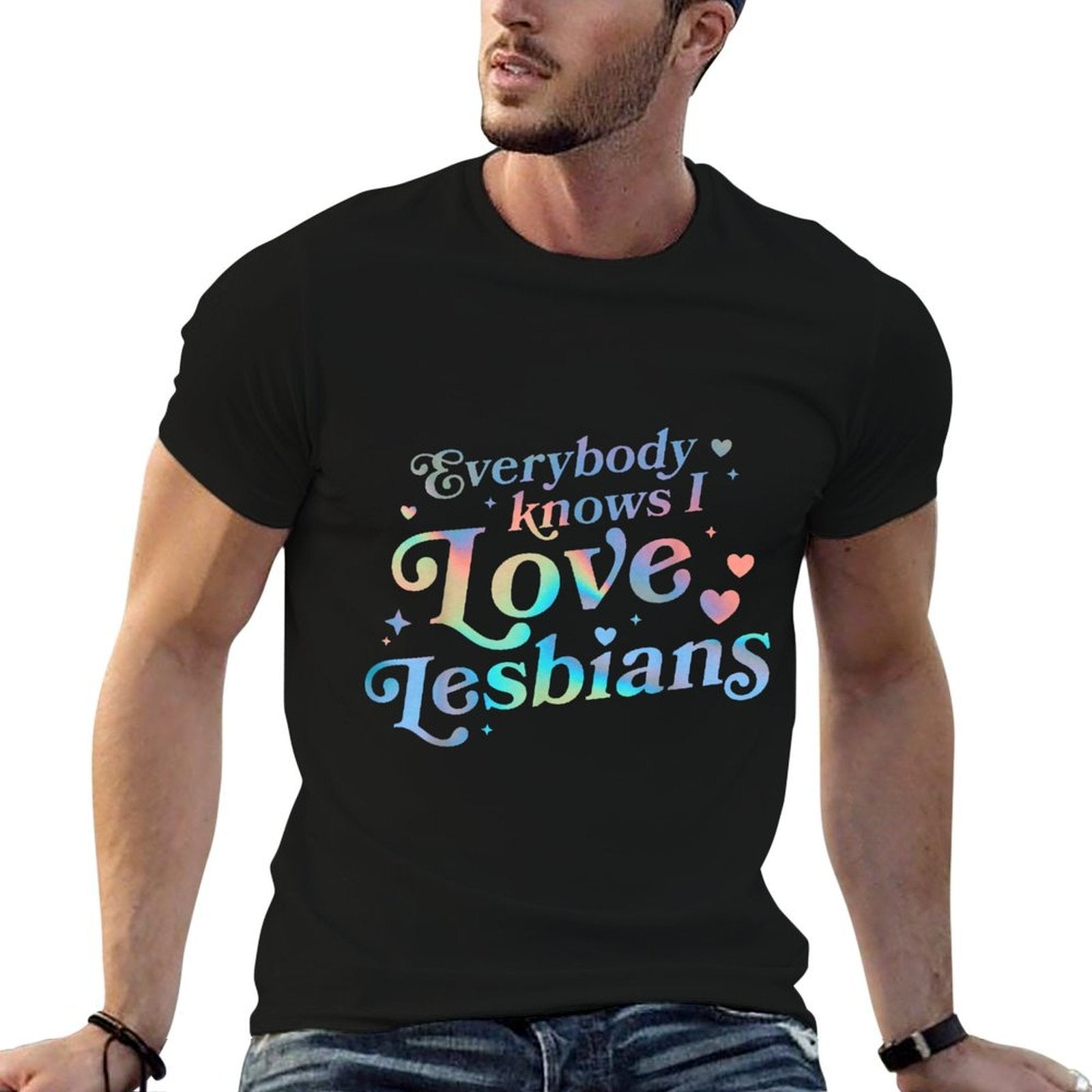 Gay Pride LGBTQ Ally LGBT Men Women Everybody Knows I Love Lesbians Heart LGBT Pride - Unisex-Adults, Black, Small,,  Affordable Price T-Shirt