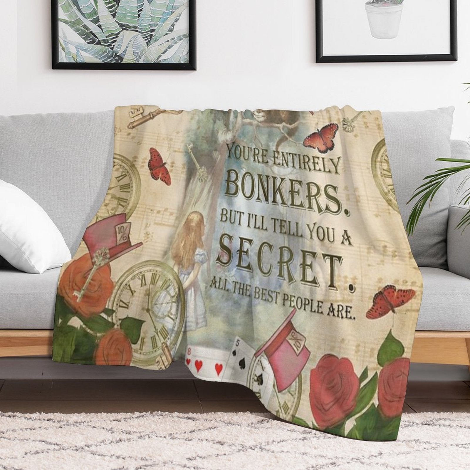 Alice & The Cheshire Cat Collage - Bonkers Quote Versatility Throw Blanket