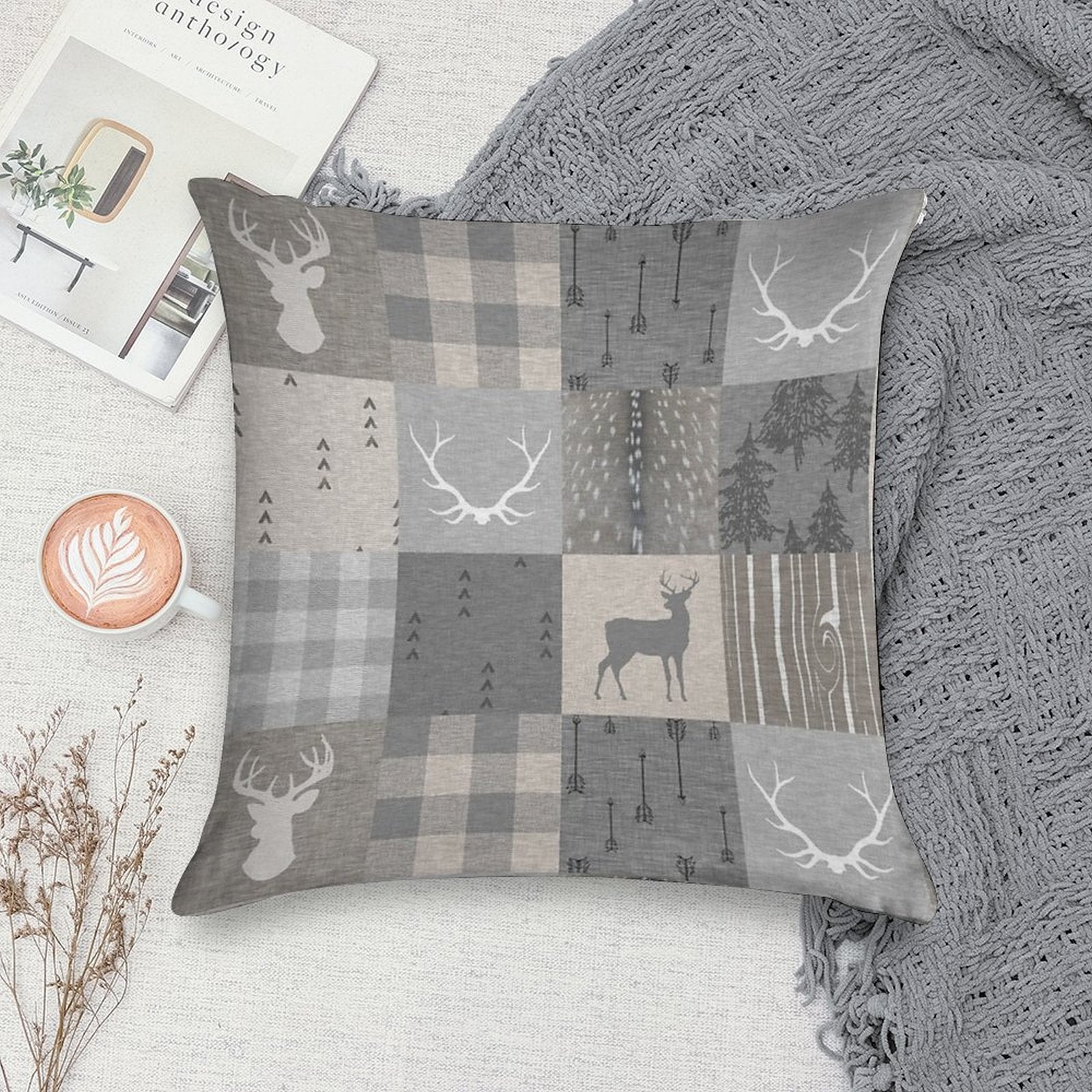 Rustic Woodland Patchwork - Grey And Beige Soft Skin-Friendly Throw Pillow