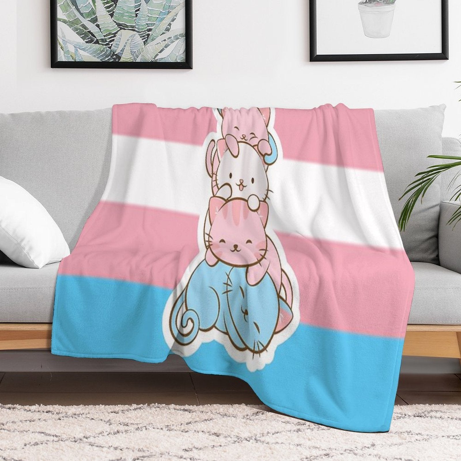 Transgender Pride Flag Cute Kawaii Cats Subtle LGBTQ Trans Pride Quick-dry Throw Blanket