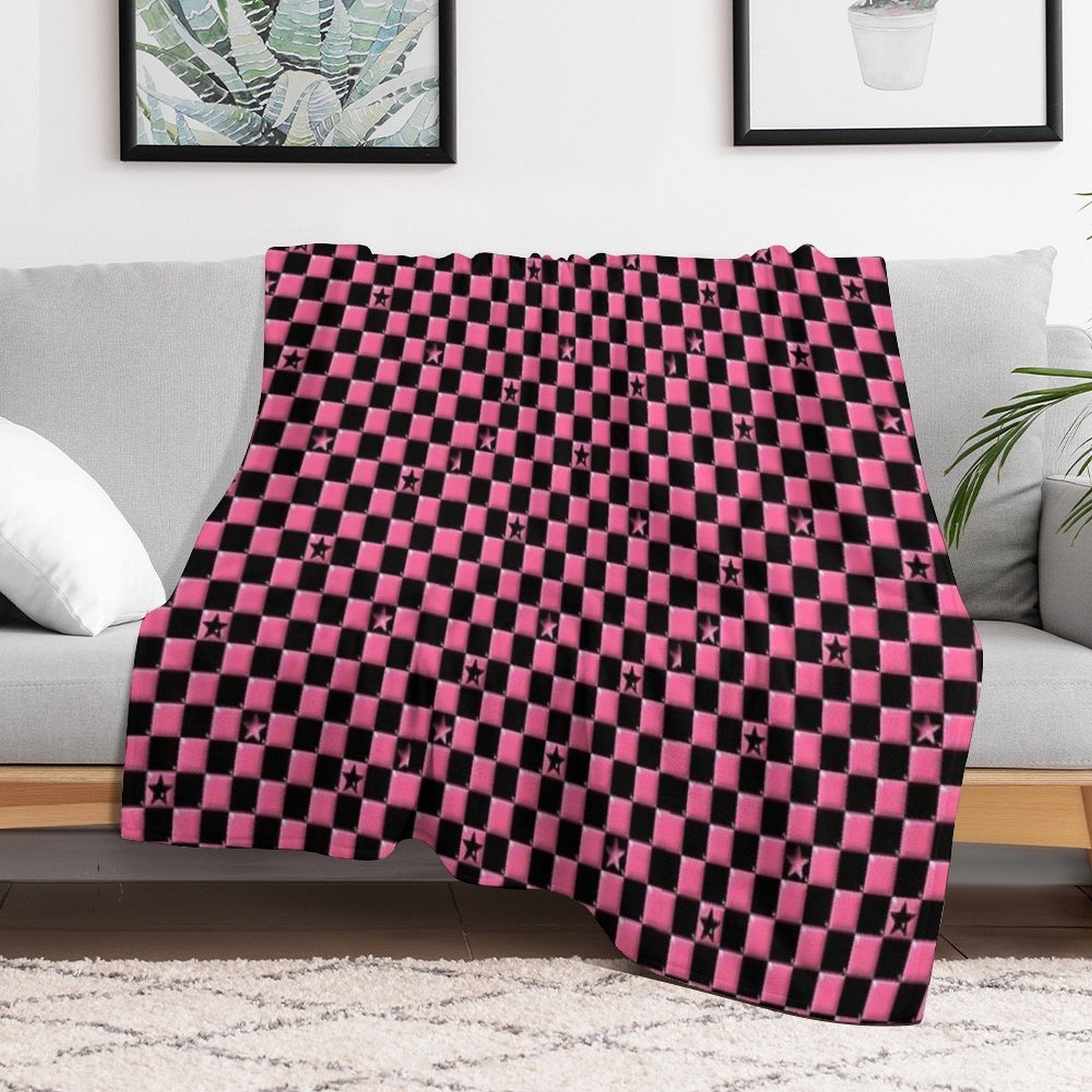 Emo Black And Pink Stars Machine-washable Throw Blanket