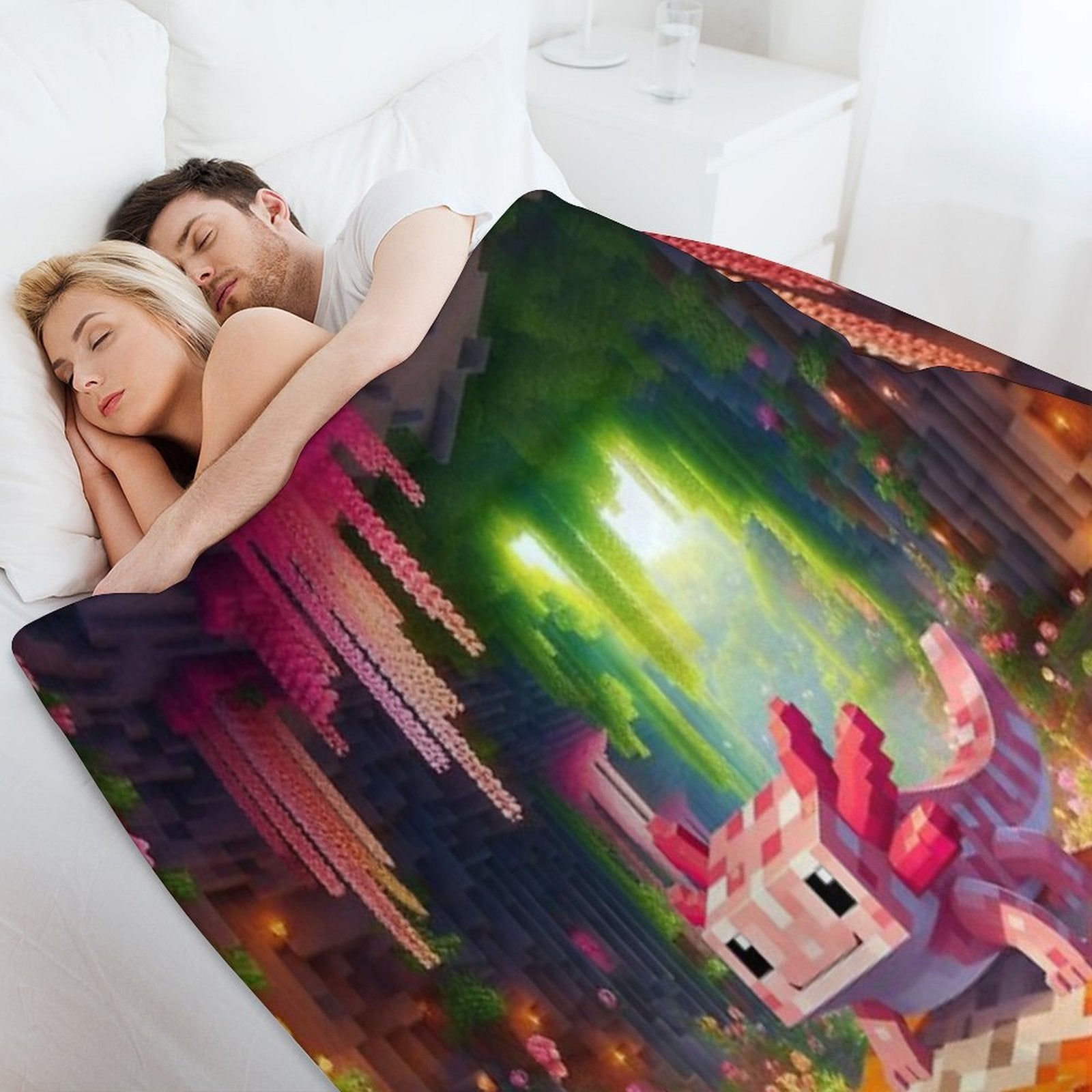 Cute Pink Minecraft Axolotl on Block Plush Throw Blanket