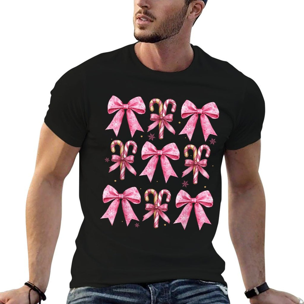 Cute Coquette Bow Candy Canes Christmas Pink Bow Girlsns  Tagless Design T-Shirt