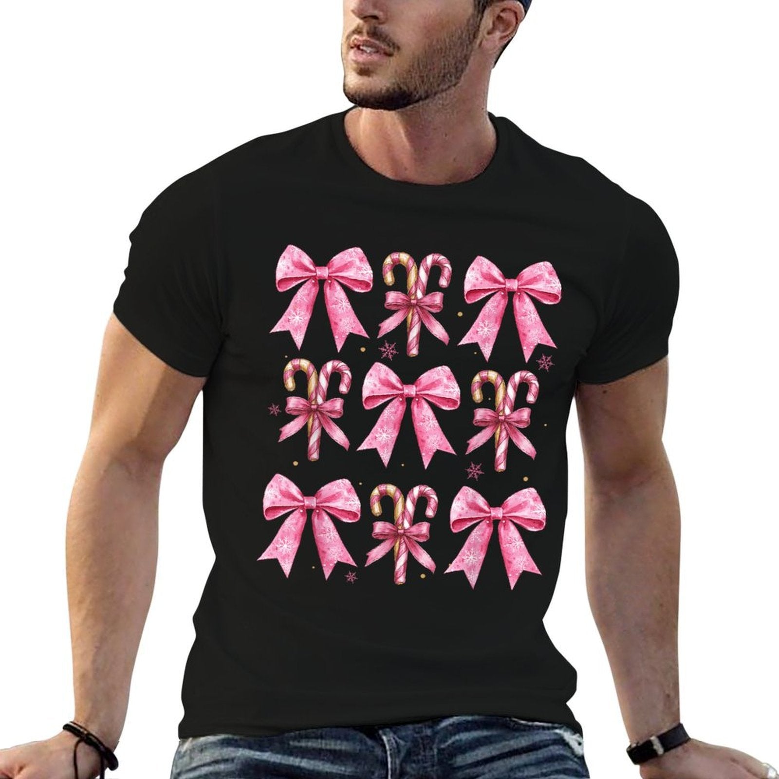 Cute Coquette Bow Candy Canes Christmas Pink Bow Girlsns  Tagless Design T-Shirt
