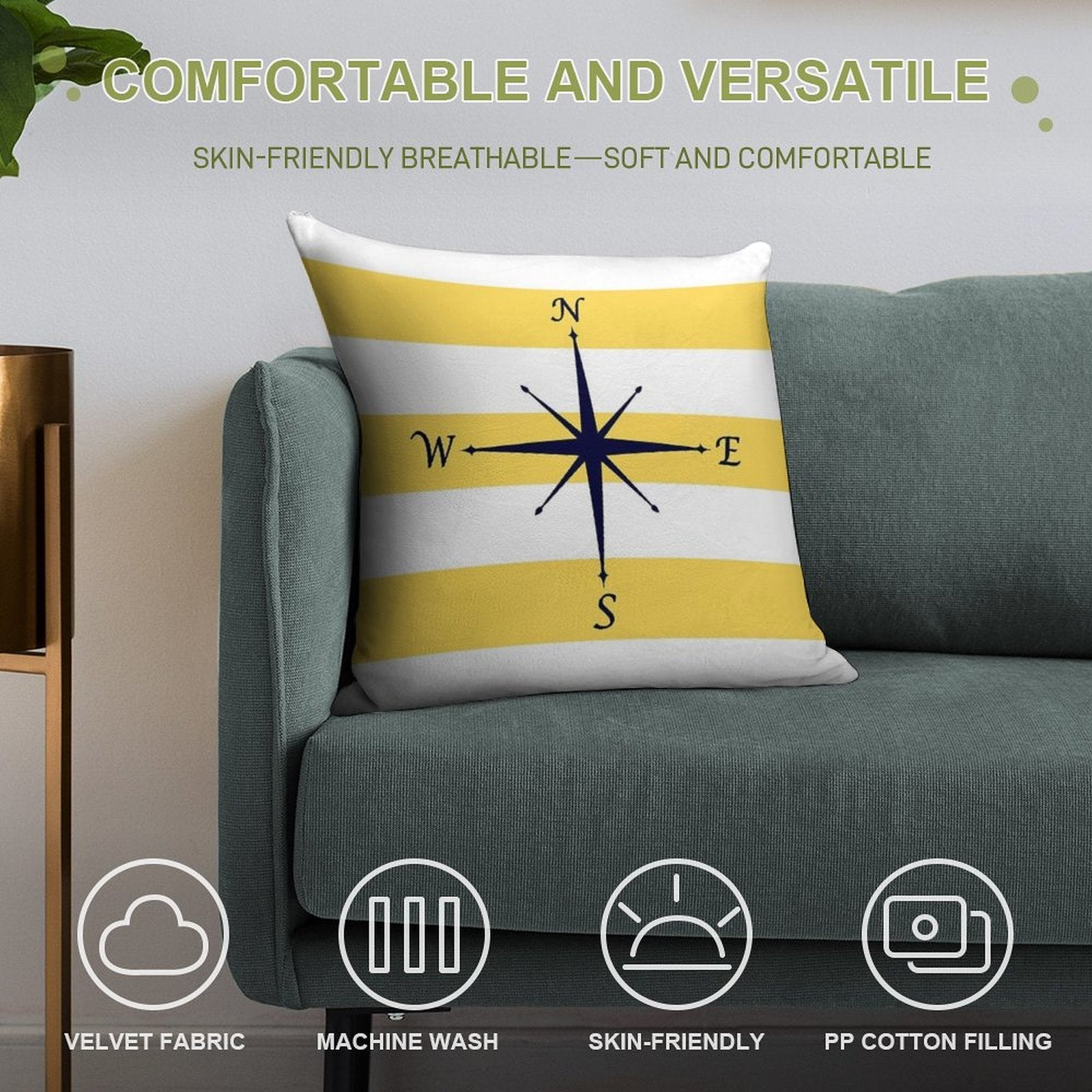 Navy Blue Compass On Mustard Yellow And White Stripes Soft Fade-Resistant Throw Pillow
