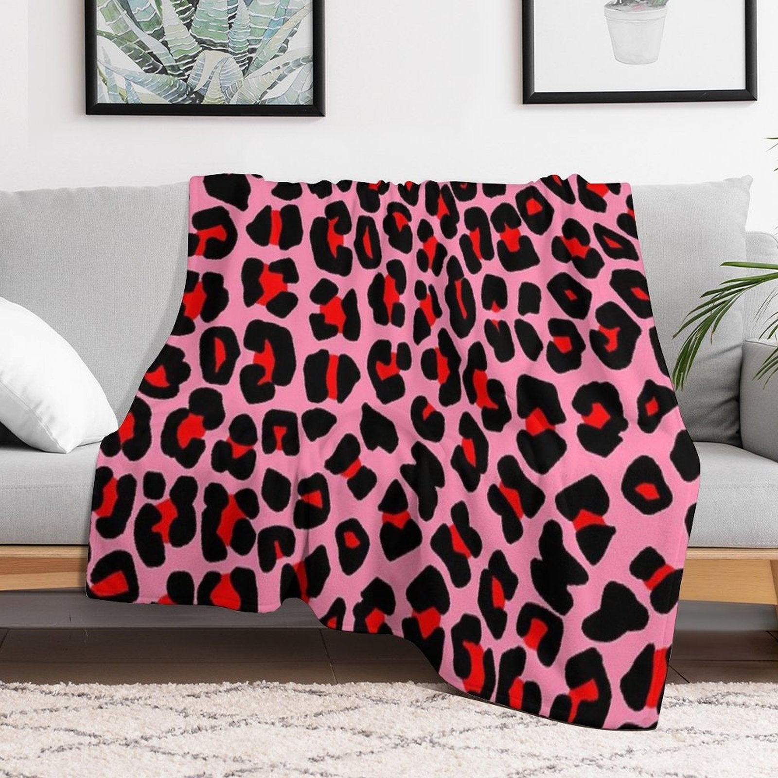 Red Leopard Print Spots on Pink Shrink-resistant Throw Blanket
