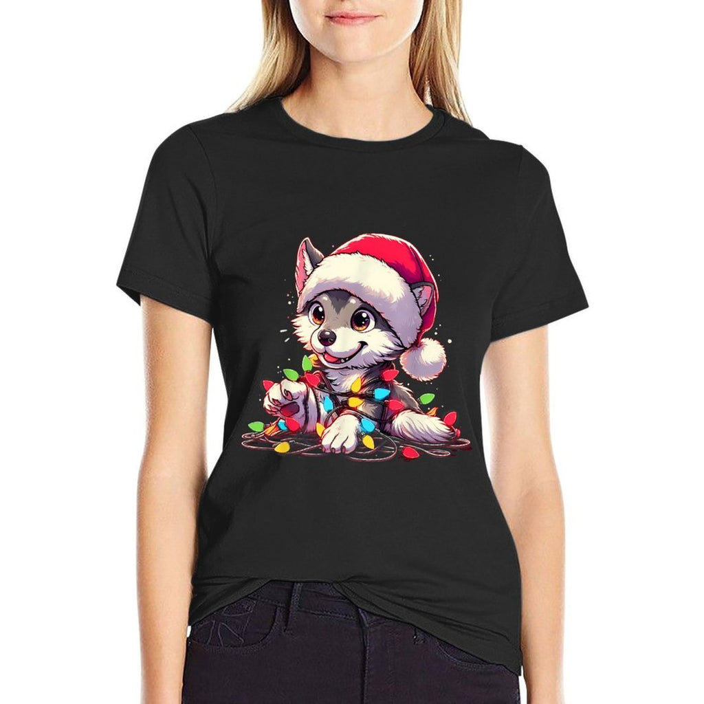 Merry Wolfmas Christmas Lights Cute Wolf Santa Hat  Easy-care T-Shirt