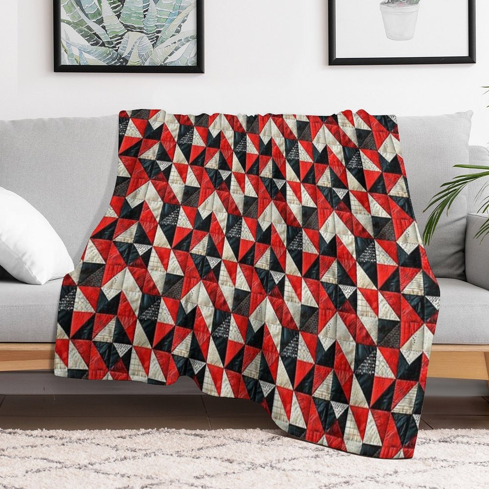 Lazy Patchwork in Red And Black Tones Travel-friendly Throw Blanket