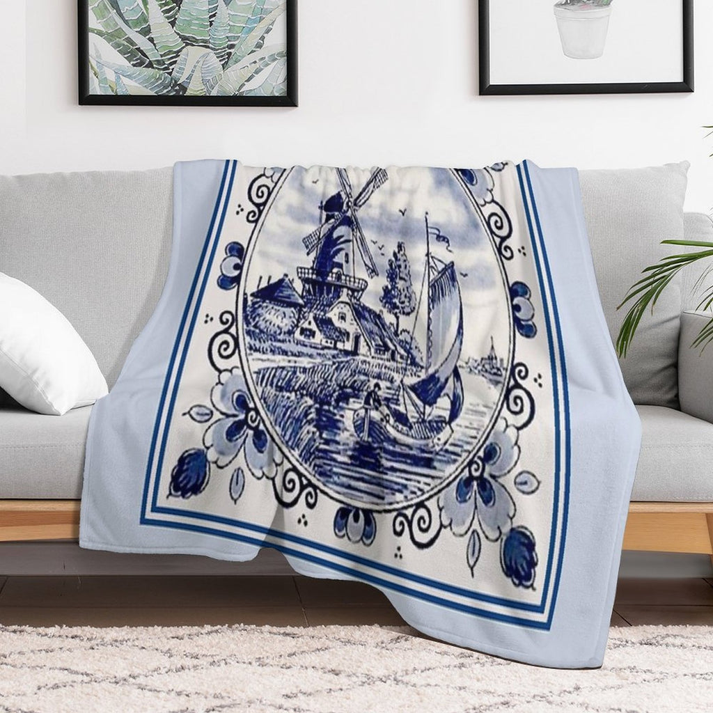 DUTCH BLUE DELFT Vintage Windmill Print Compact Throw Blanket