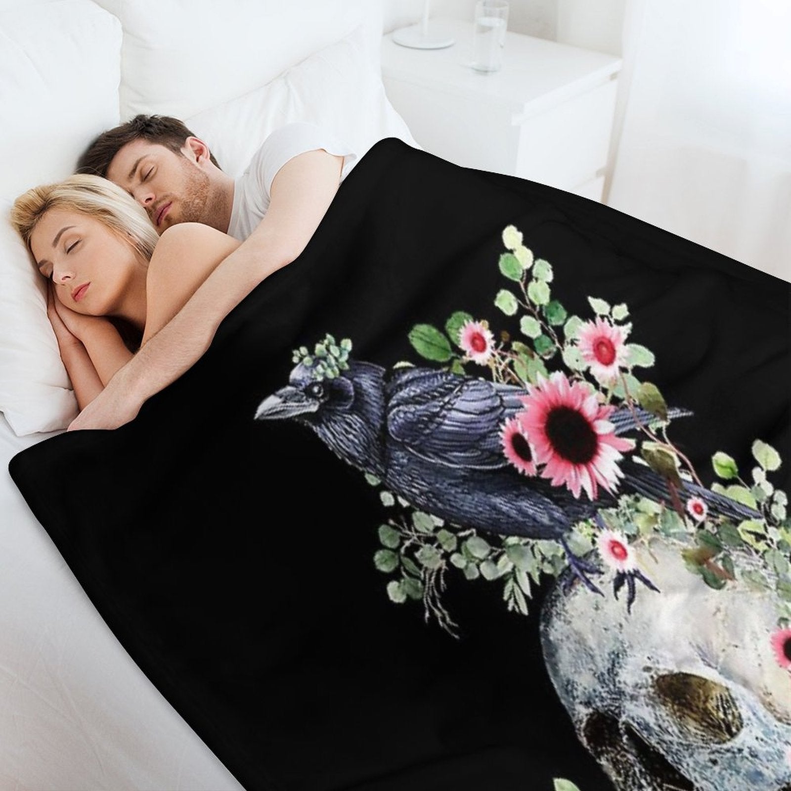 Black Raven with Skull And Leaves Crow, Skeleton Leaves Eucaliptus And Pink Sunflowers Machine-washable Throw Blanket