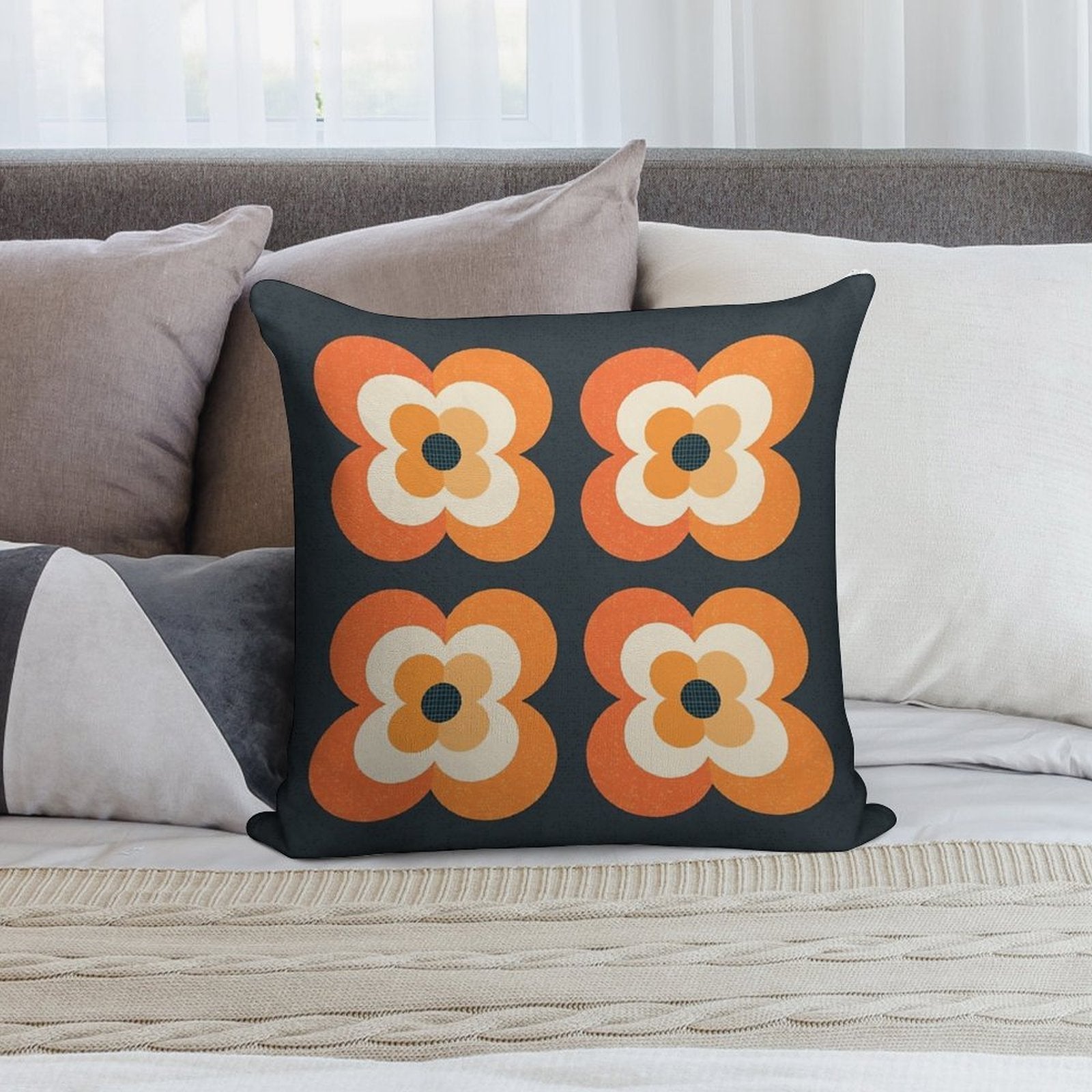 Retro Flowers - Orange And Charcoal Soft Easy Maintenance Throw Pillow