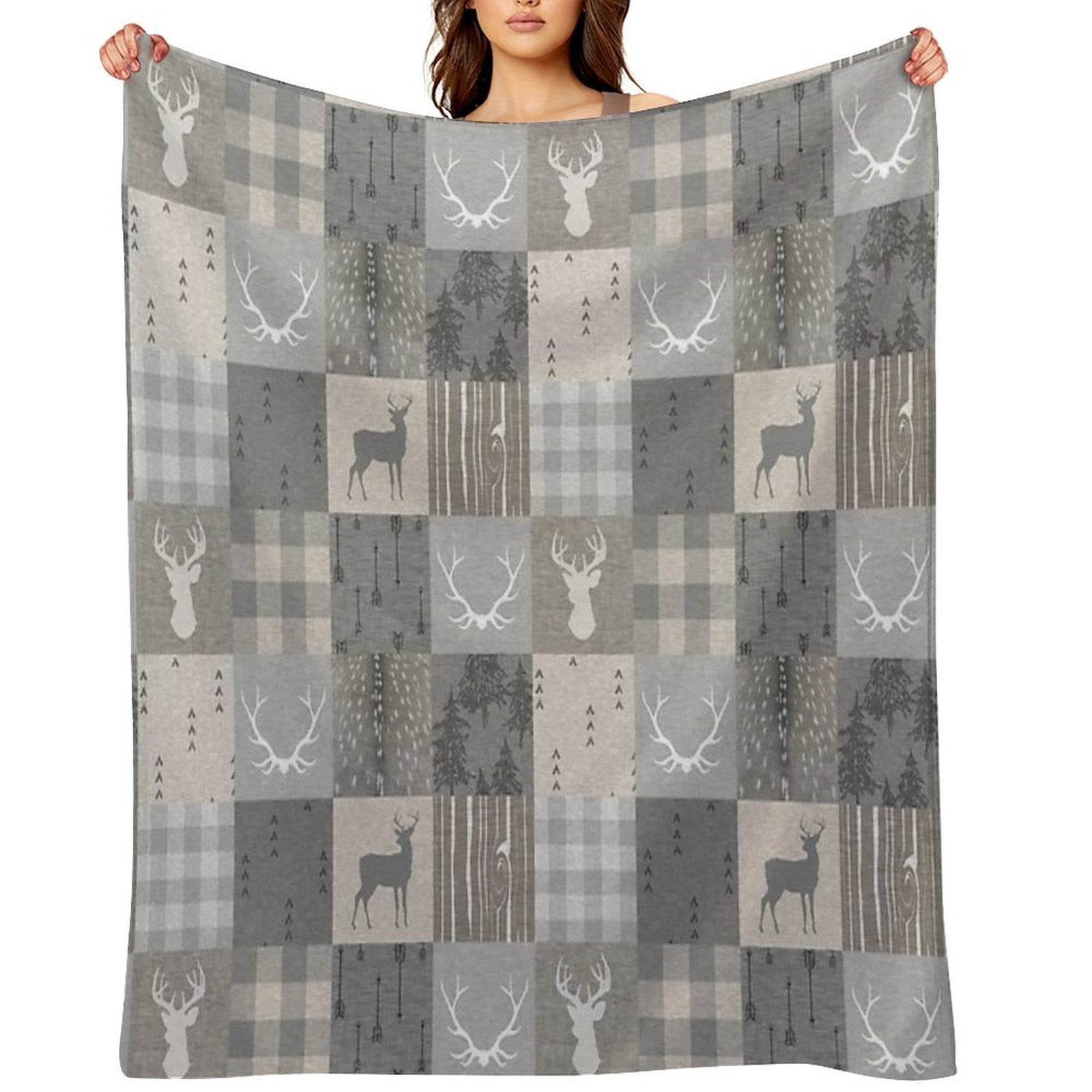 Rustic Woodland Patchwork - Grey And Beige Premium Throw Blanket