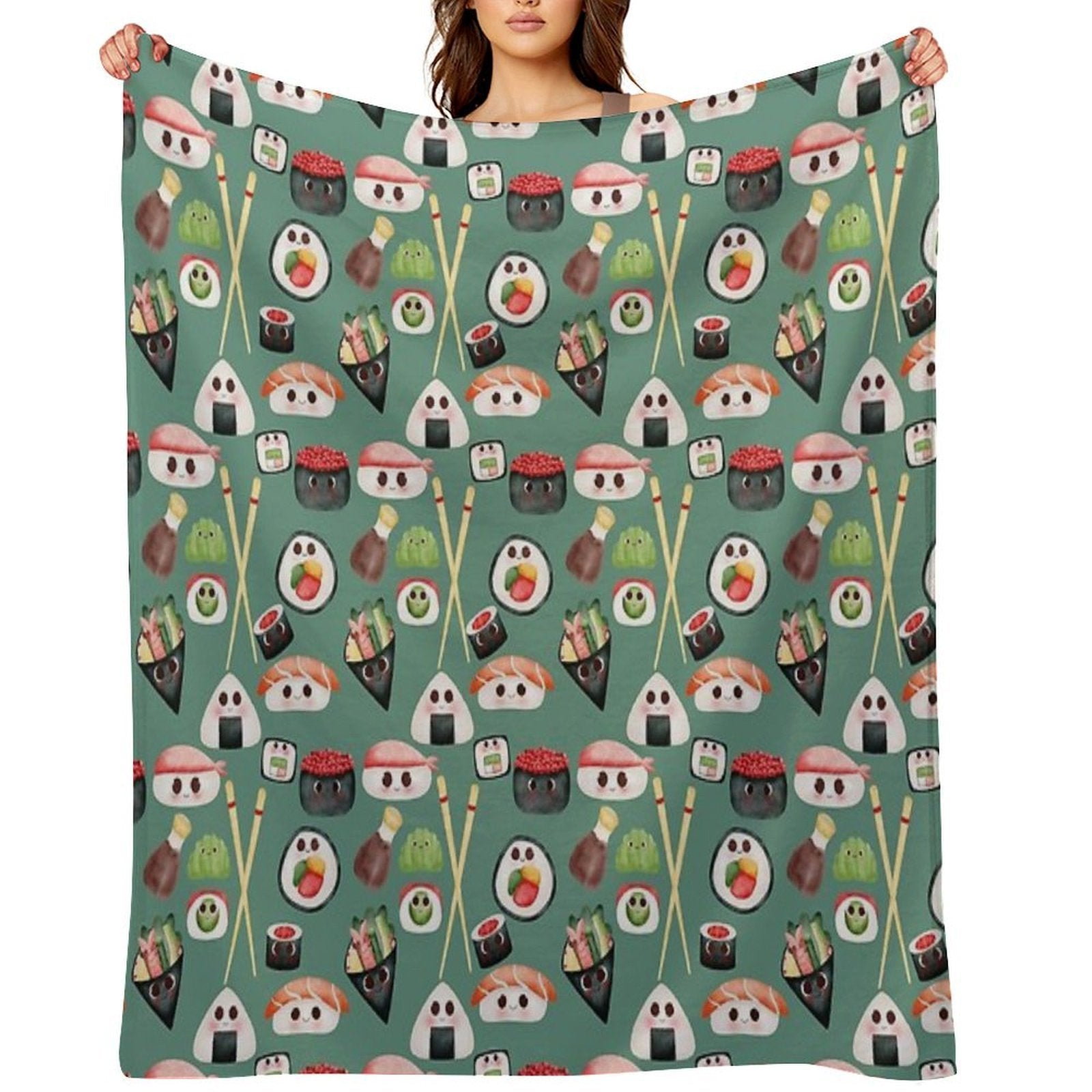 Kawaii Sushi Squad – Cute Japanese Food Illustration Plush Throw Blanket