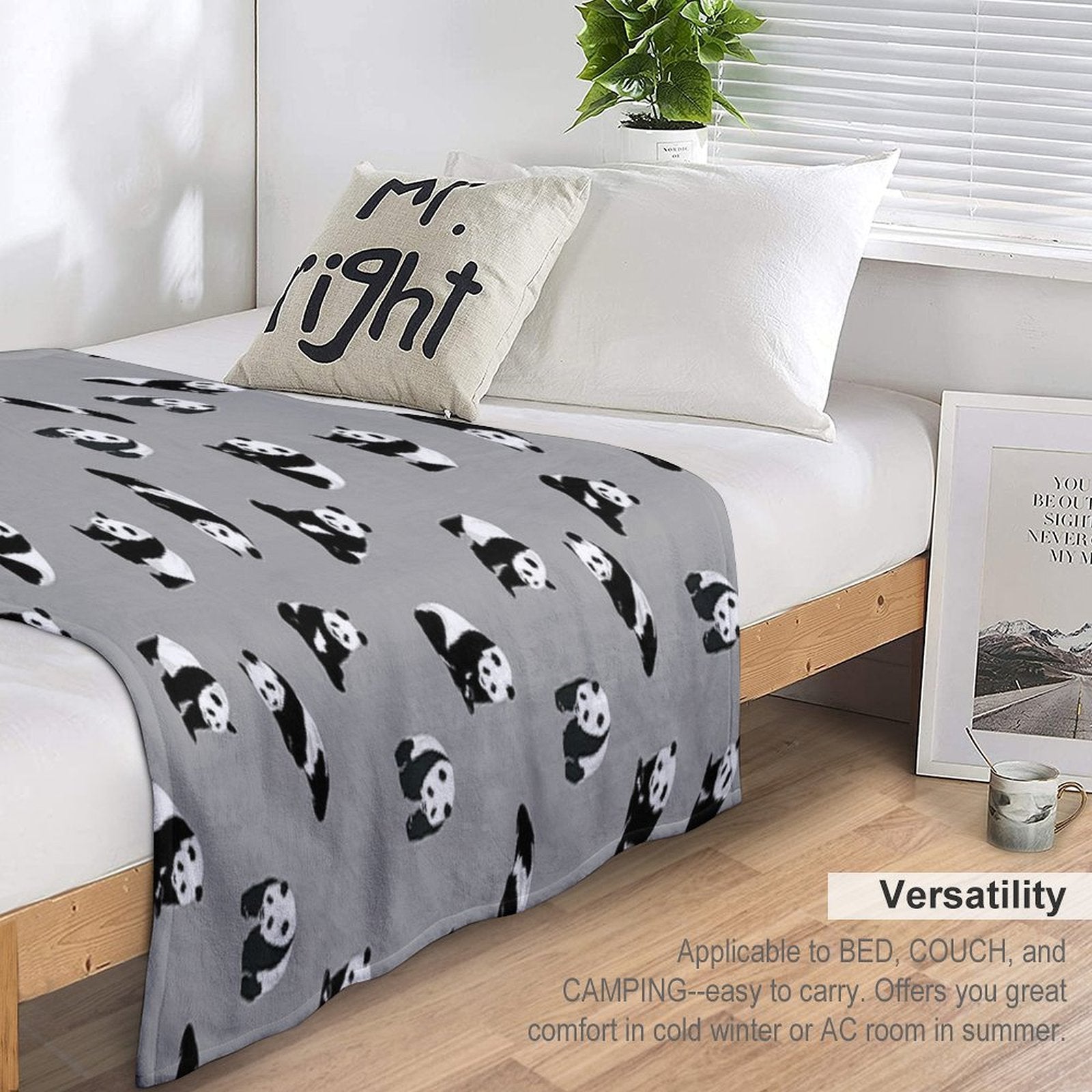 Pandas on Grey Quick-dry Throw Blanket