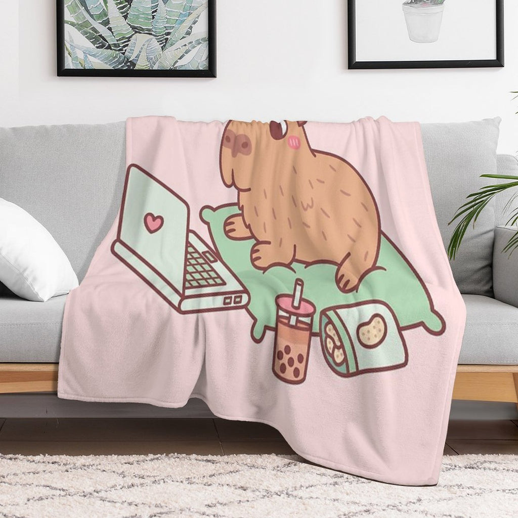 Cute Chilling Capybara With Laptop And Snacks Quick-dry Throw Blanket