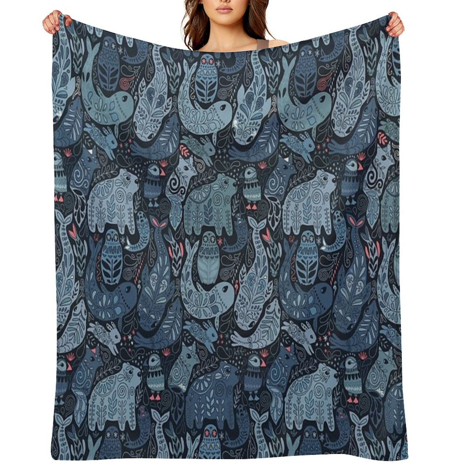 Arctic Animals. Narwhal, Polar Bear, Whale, Puffin, Owl, Fox, Bunny, Seal. Gift-ready Throw Blanket