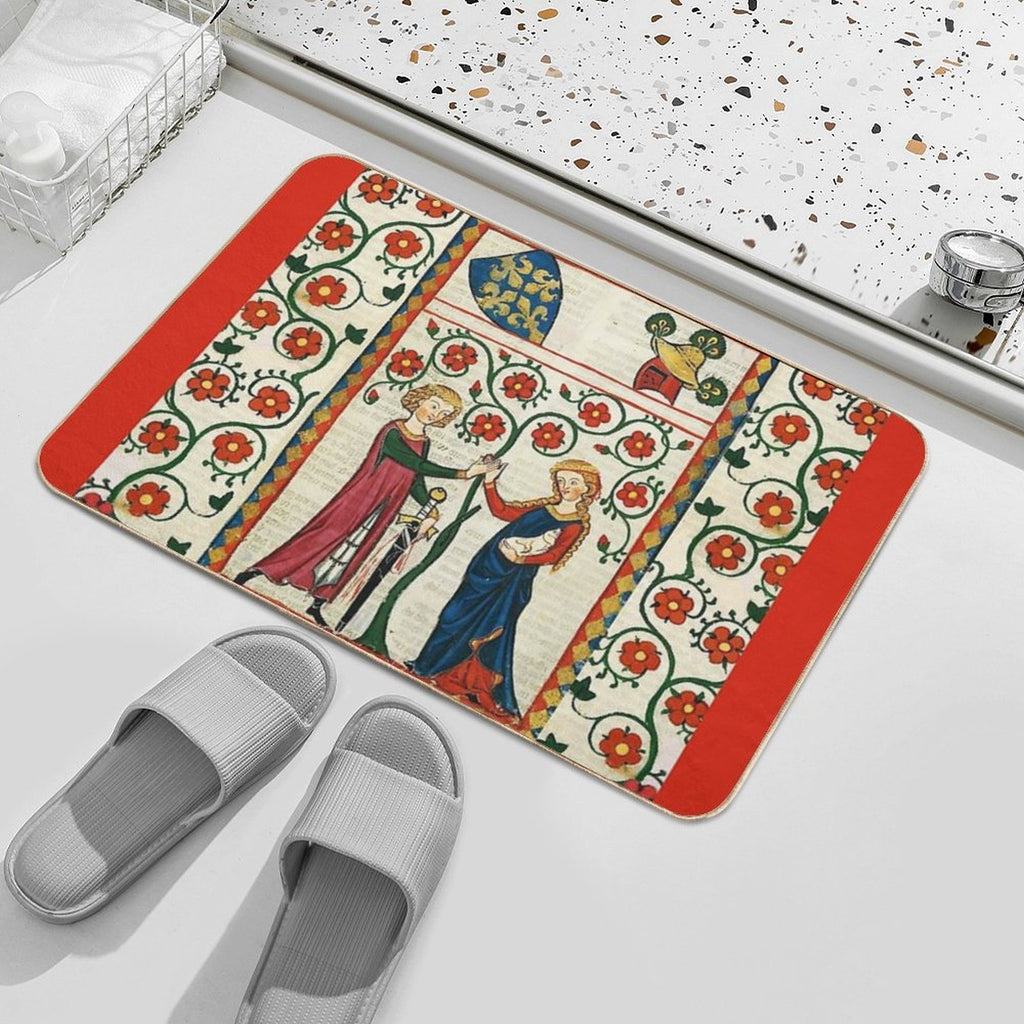 GERMAN POET WITH HIS BELOVED LADY ,MEDIEVAL MINIATURE WITH WILD ROSES  Eco-Friendly Bath Mat