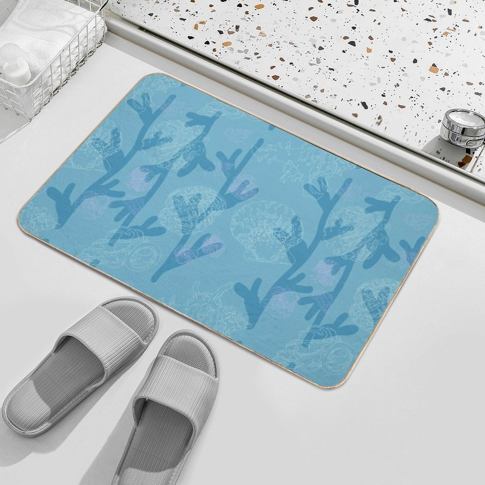 Seashells Seaweed Pattern in Blue  Multi-Purpose Bath Mat