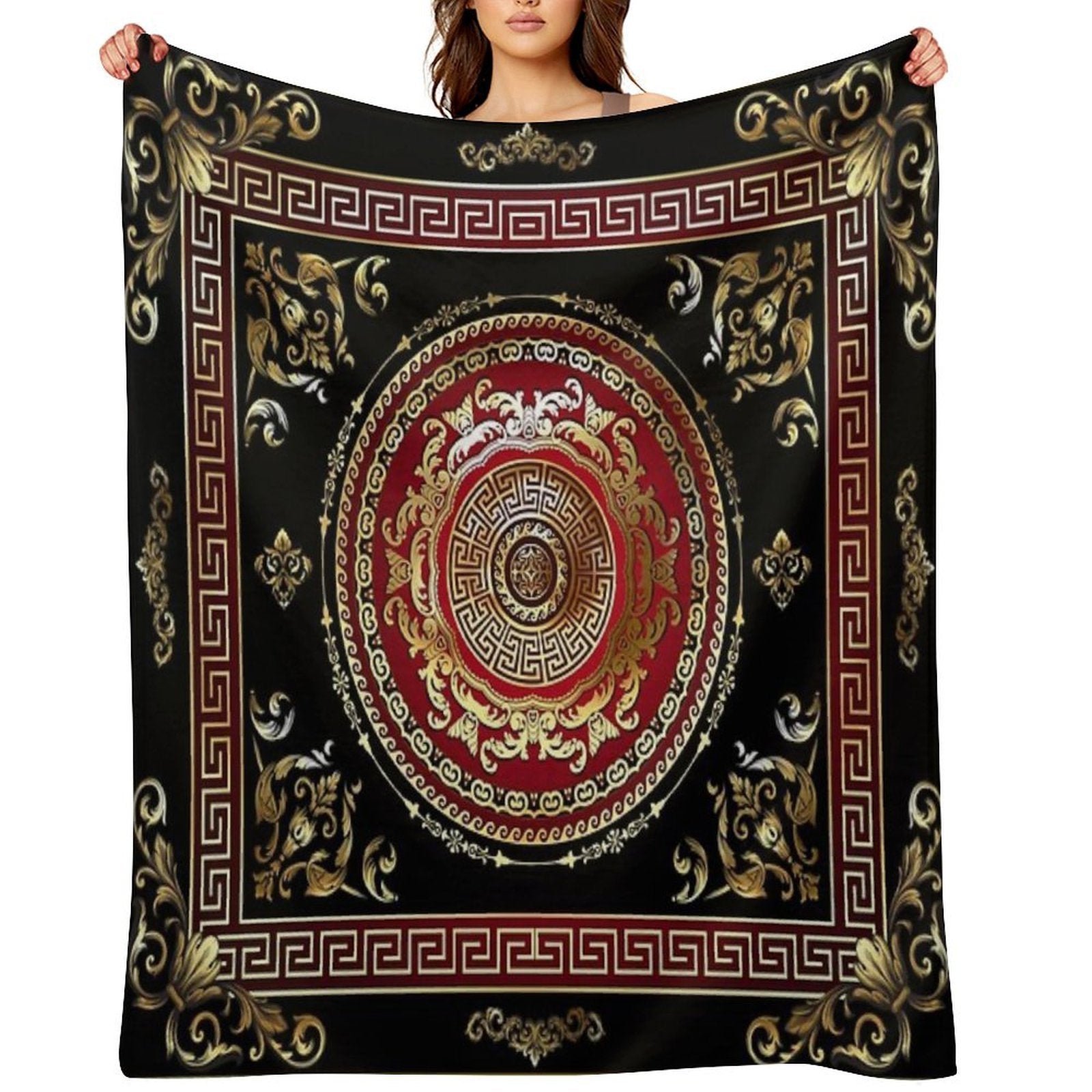 Greek Key Meander Black Gold Red Medallion Baroque Multi-functional Throw Blanket