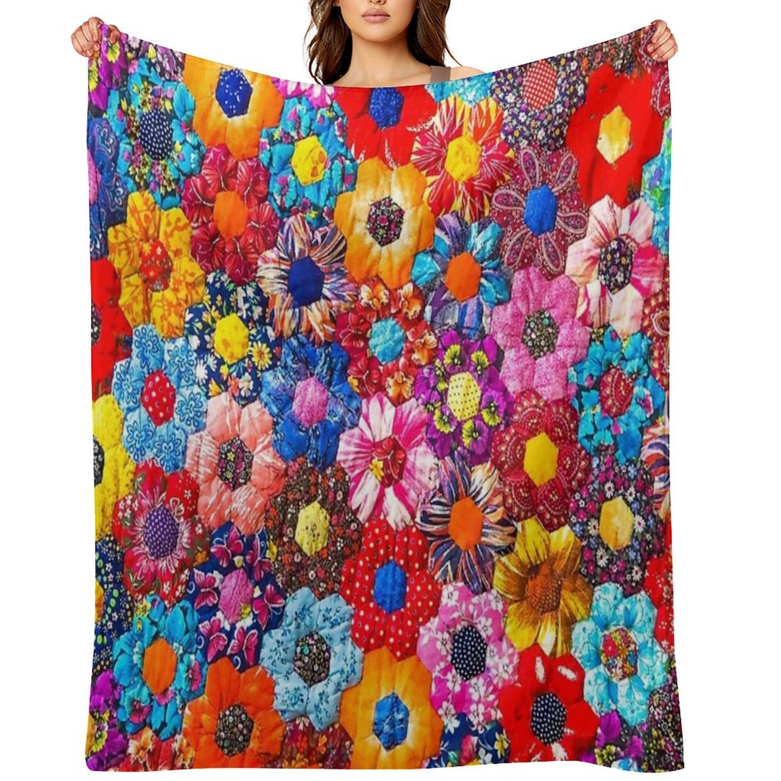 Colorful Patchwork Shower Curtain – Boho Abstract Quilt Design for Bathroom Decor Lightweight Throw Blanket